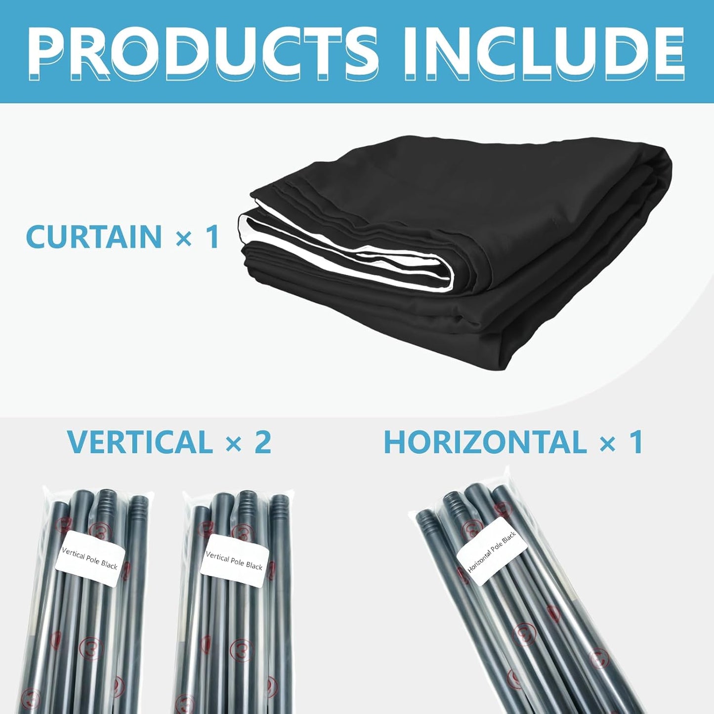 No-Drill Room Divider Curtain Set: Includes 106" W x 84" L Black Curtain & Adjustable Pole Brackets (35-100" W x 43-120" H Adjustable Range)