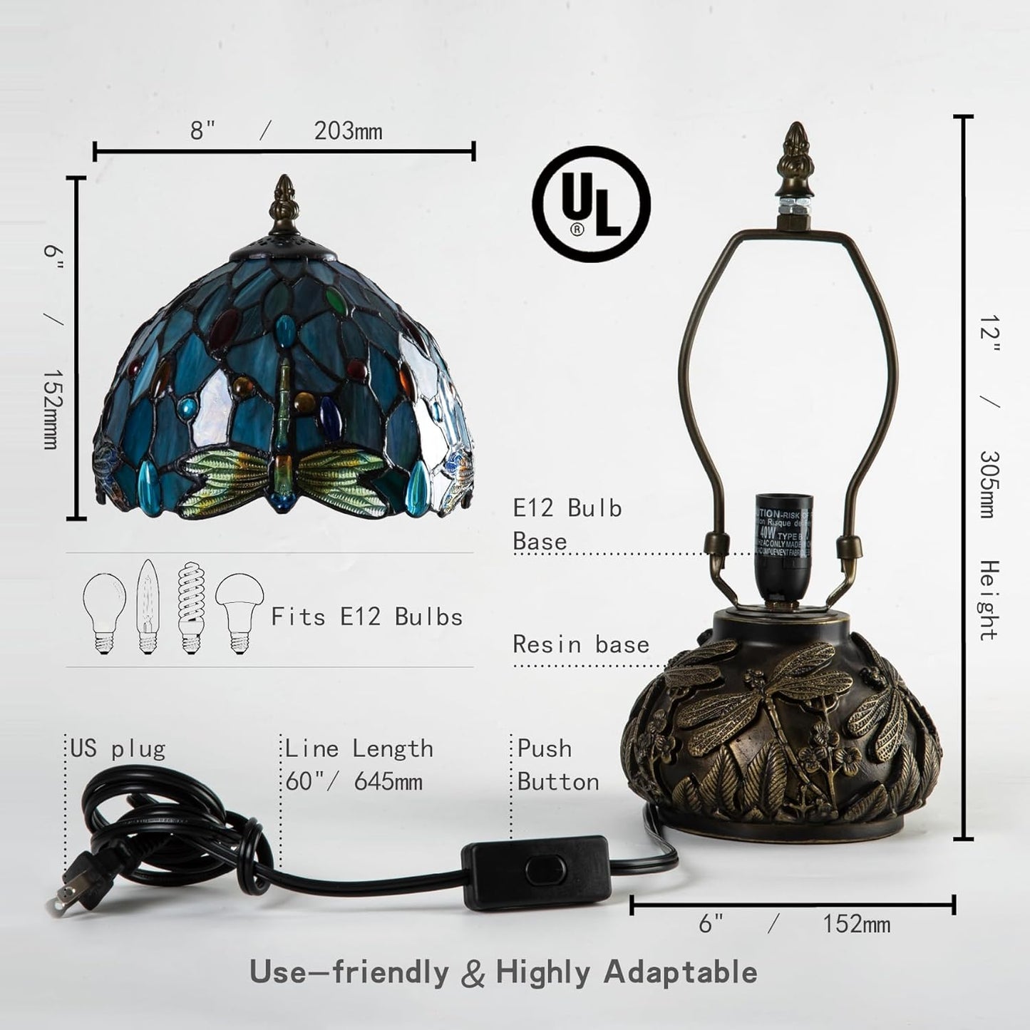 Tiffany Style Stained Glass Mushroom Bedside Table Lamp 8-inch Green Blue Dragonfly Beautiful Shade Nightstand Light for Bedroom Dorm Living Hallway Coffee Table Home Office Housewarming Gift