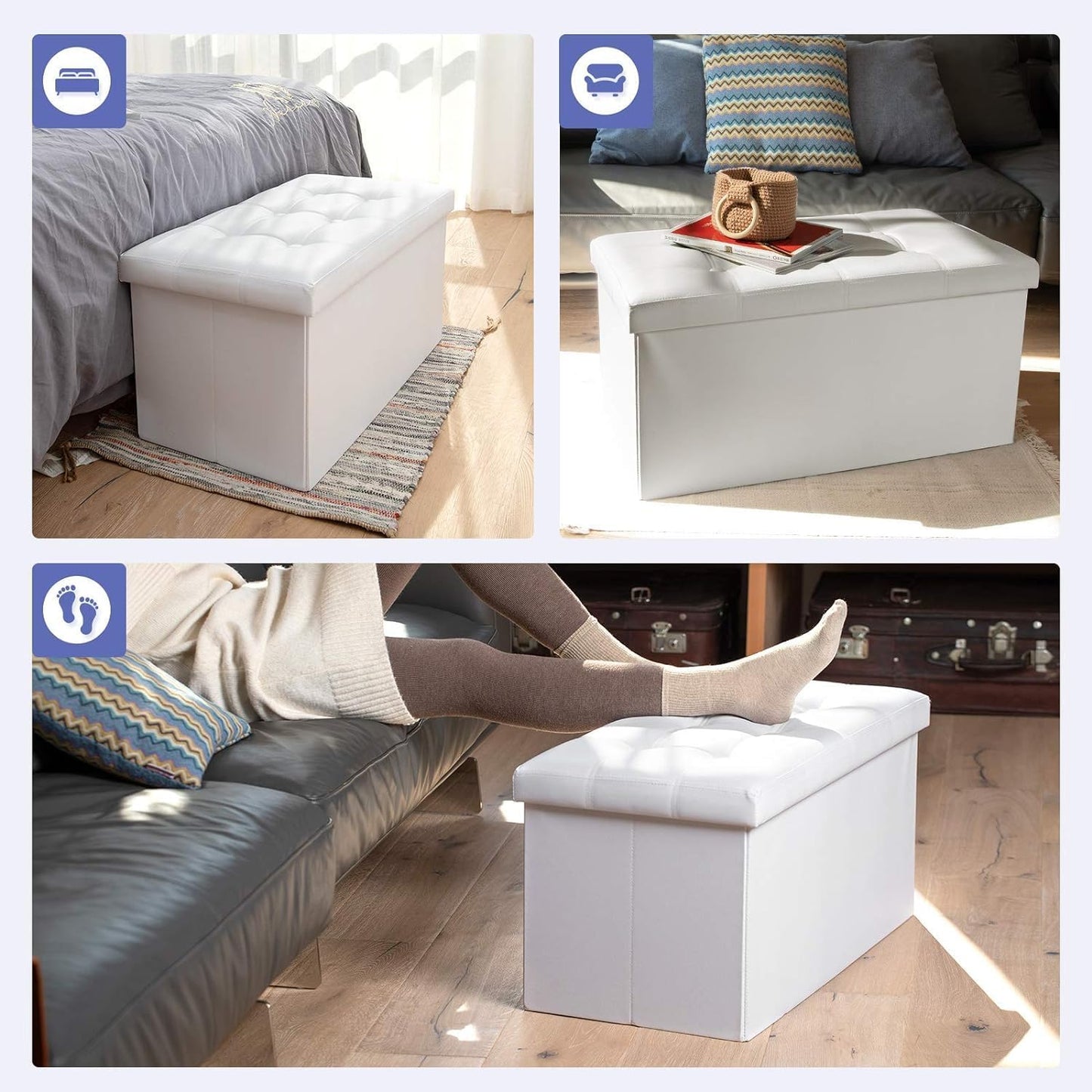 COSYLAND Ottoman Bench with Storage - 30x15x15in Folding Leather Ottoman, Rectangle Foot Stool Foldable Storage Chest Footrest Footstool Collapsible with Lid for Bedroom Living Room White