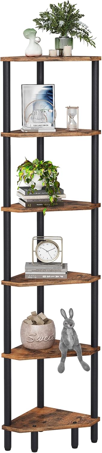 6 Tier Corner Shelf, 66.5'' Tall Standing Shelf, Narrow Display Shelf Stand, Modern Corner Bookshelf, Plant Stand, Corner Bookcase for Living Room, Bedroom, Bathroom, Rustic Brown LCS502R