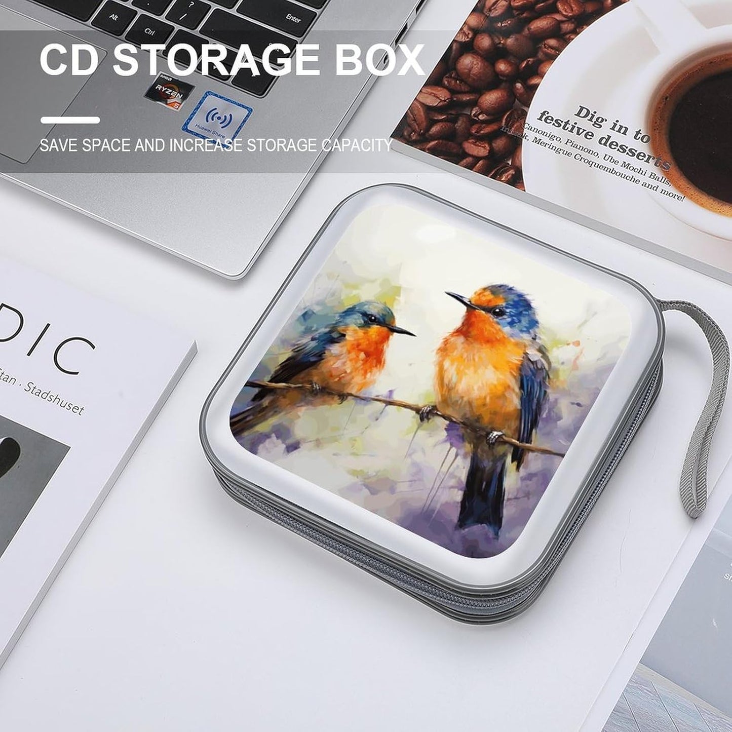 Oil Painting Bird CD Case 40 Capacity Case Zipper CD Collection Bag with Handles Cover DVD Storage Hard Plastic DVD Disc Cases Storage Binder for Car Home Office Travel