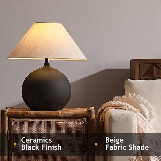 Rustic Round Black Ceramic Table Lamp 17.7'' Tall Farmhouse Black Crock Pot Desk Lamp Body with Tapered Fabric Shade Bedside Lamp for Living Room Bedroom House Office Entryway