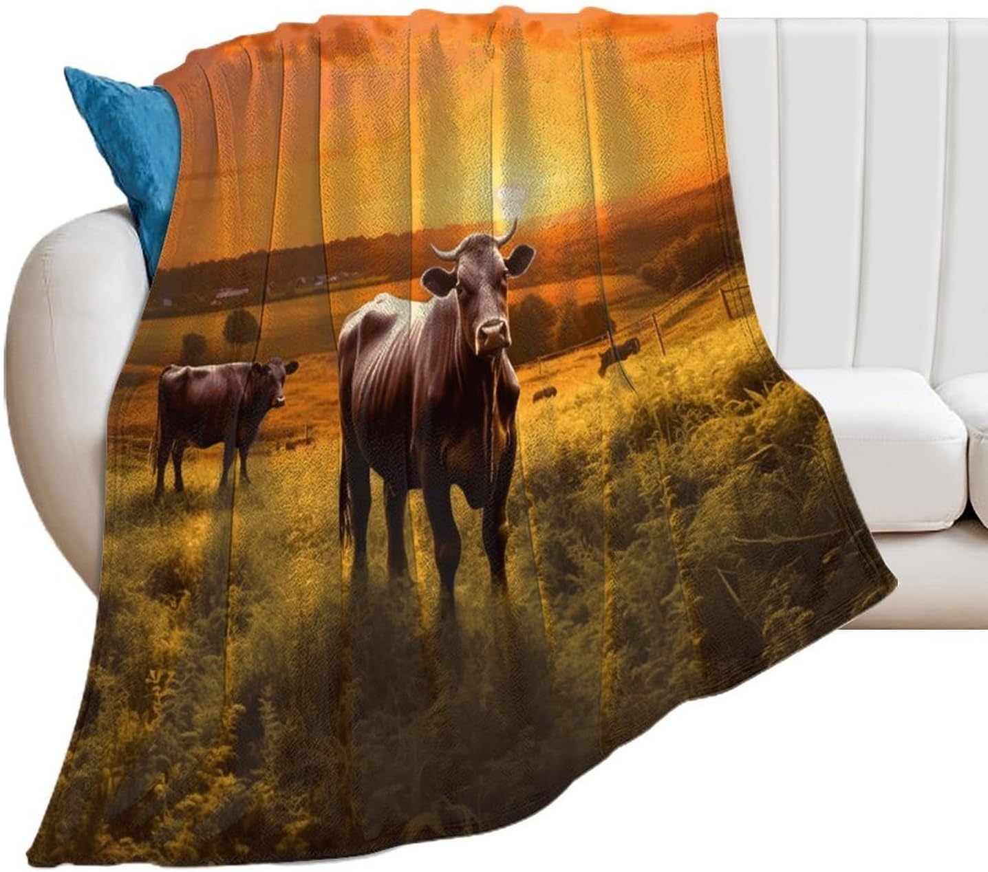 Cow and Sun Orange Sky Throw Blanket for Couch Super Soft Warm Lightweight Throw Blankets Cozy Flannel Bed Blanket Cute Decorative Blankets for All Seasons Home Decor Gift 30"*40"（76 * 100cm）