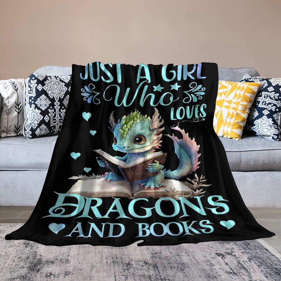 Just A Girl Who Love Dragons and Book Blanket Dragon Gifts for Girls Boys Woman Kids Reading Lover Throw Blankets Soft Blanket Warm Fleece Flannel Plush Blankets for Bed Sofa 40"x50"