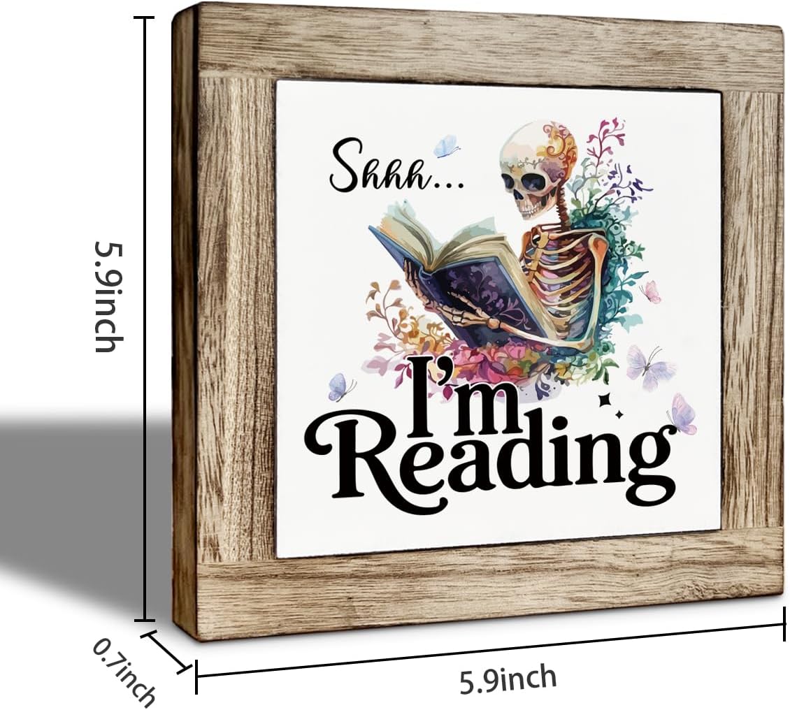 Library Quiet Wooden Sign, Shhh I'm Reading Sign, Nook Shelf Quiet Signs, Library Tabletop Decor, Classroom Book Desk Decoration, Rustic Wooden Tabletop Decor 5.9X5.9 Inches