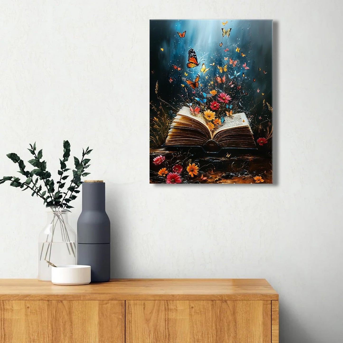 Ypxzzj Magical Book Canvas Wall Art Fantasy Butterfly and Flower Book Prints Home Decor Retro Butterflies Poster Pictrues Artwork for Reading Room Living Room Bedroom Ready to Hang(12''x16'')