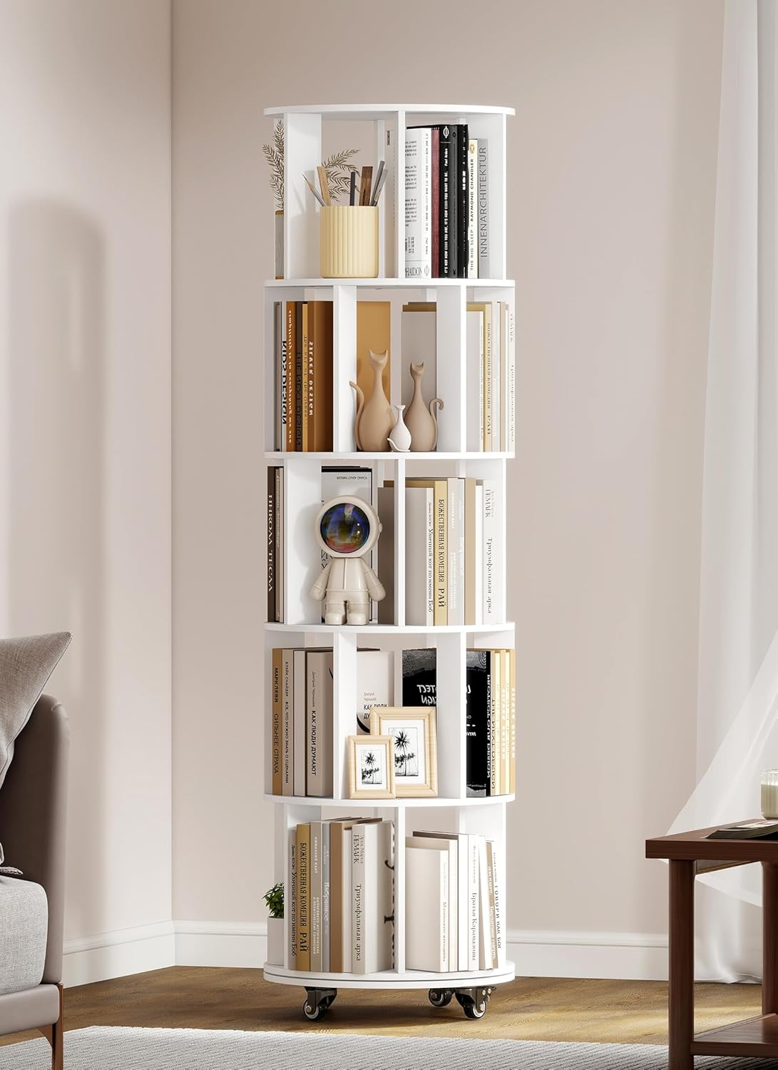 5 Tier 360° Rotating Bookshelf, Adjustable Small Space Bookcase on Wheels, Revolving Round Wood Bookshelves, Tall Narrow Storage Book Shelf Tower for Bedroom Office Kids Room (White)