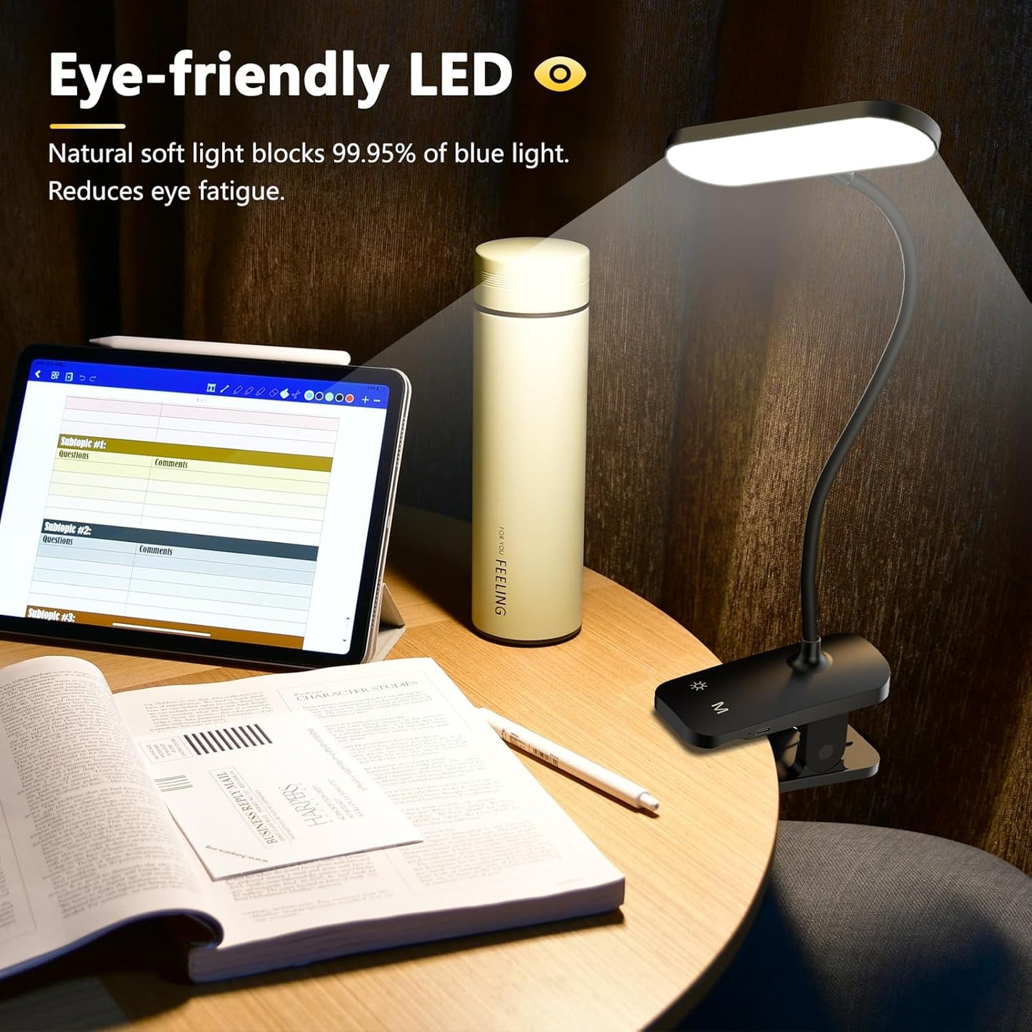 Clip on Desk Lamp, Battery Powered Reading Light with Strong Clamp - 5 Colors 5 Brightness, USB Rechargeable Portable Cordless Book Lamp for Bed Headboard Table Bedside Home Office (Black)