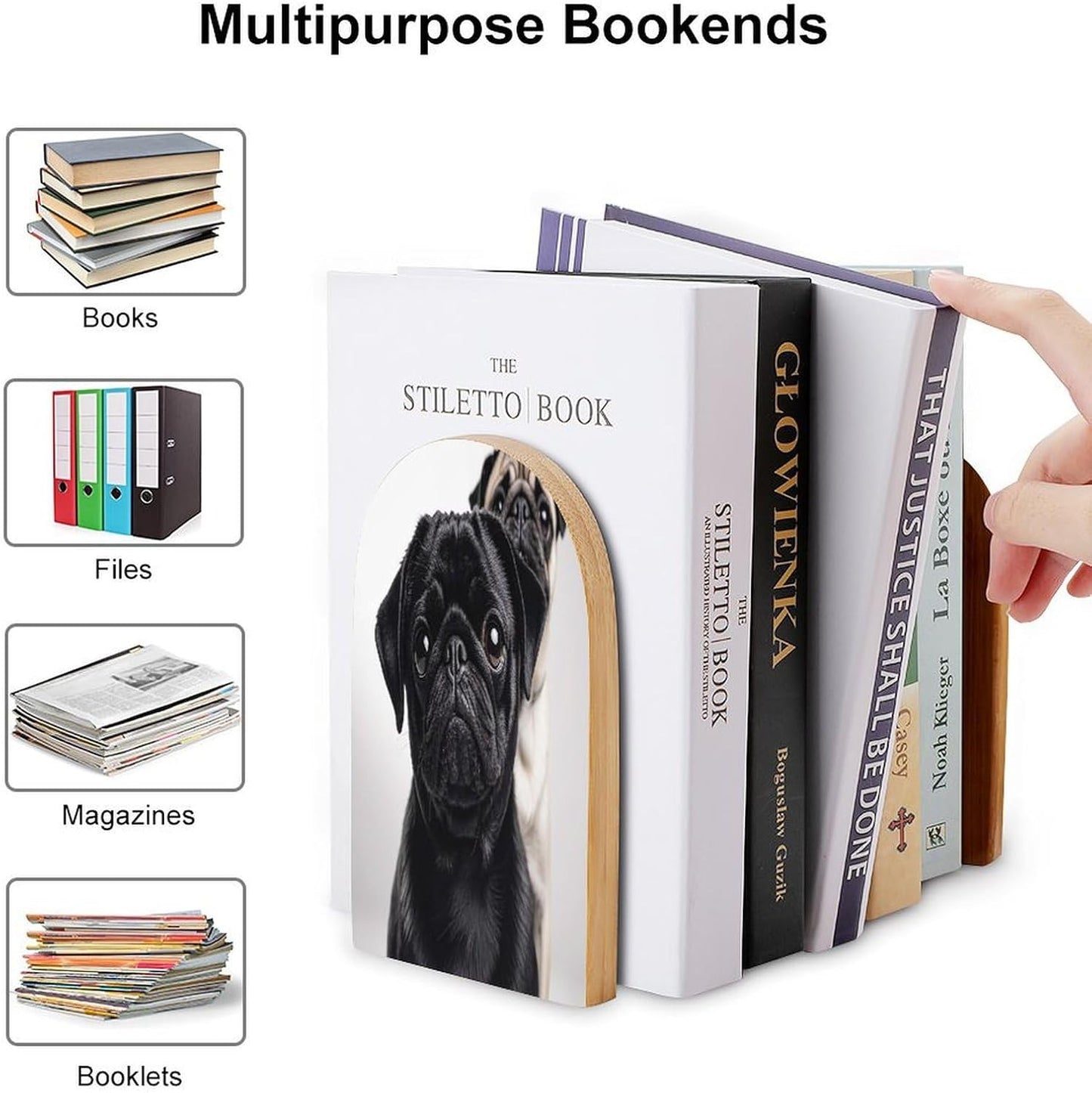 Cute Black Pug Dog Bookends Wooden Book Ends for Shelves Big Sturdy Book Holders Stoppers with Metal Base for Shelves Heavy Duty Book End Office Book Stopper