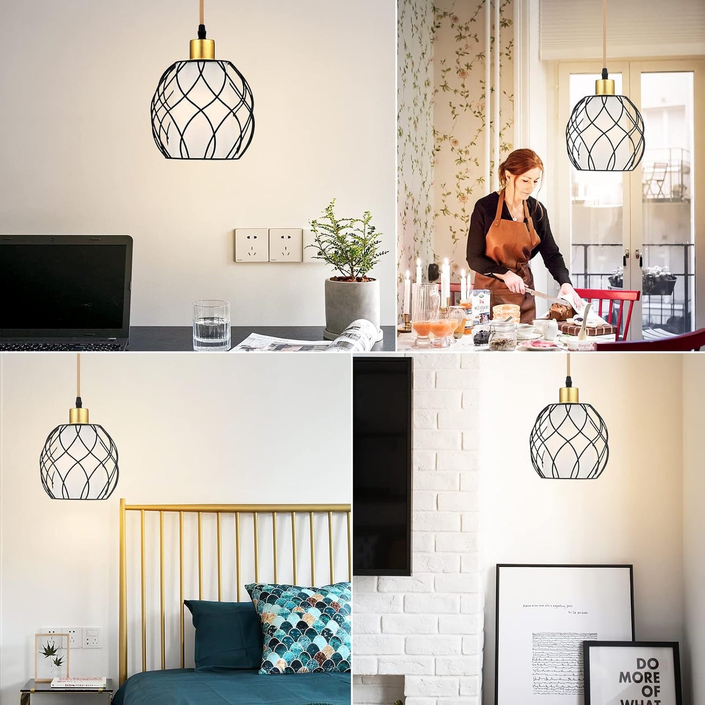 Plug in Pendant Light,Hanging Light with Plug in Cord,Black Hanging Lamp with Dimmable Switch,15 ft Golden Cotton Cord,Hanging Light Fixture for Kitchen Living Room Bedroom (Bulb Included)