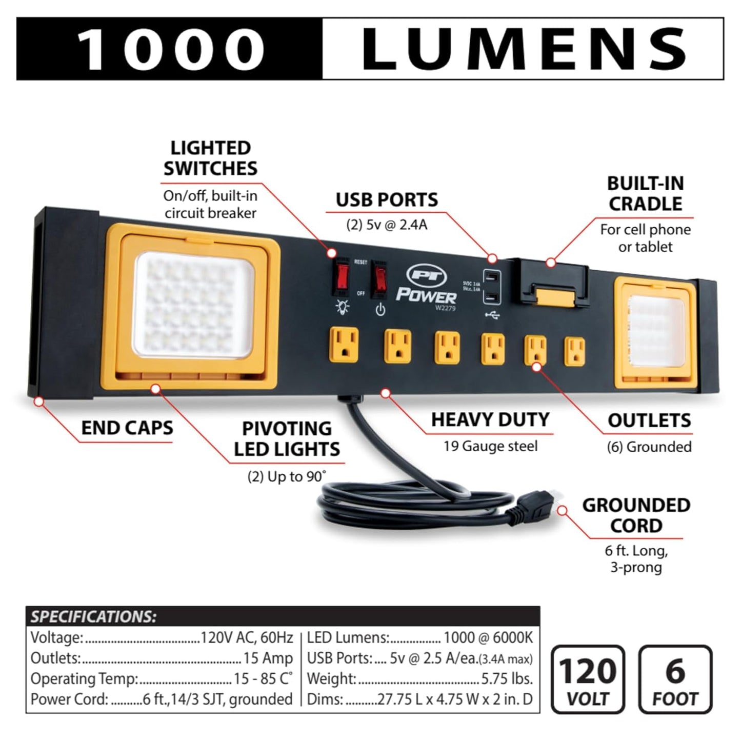 Performance Tool W2279 Commercial Grade Power Station with 6 Outlets, 2 USB Ports, Built-In Cradle, and LED Lights, Ideal for Workshops and Garages
