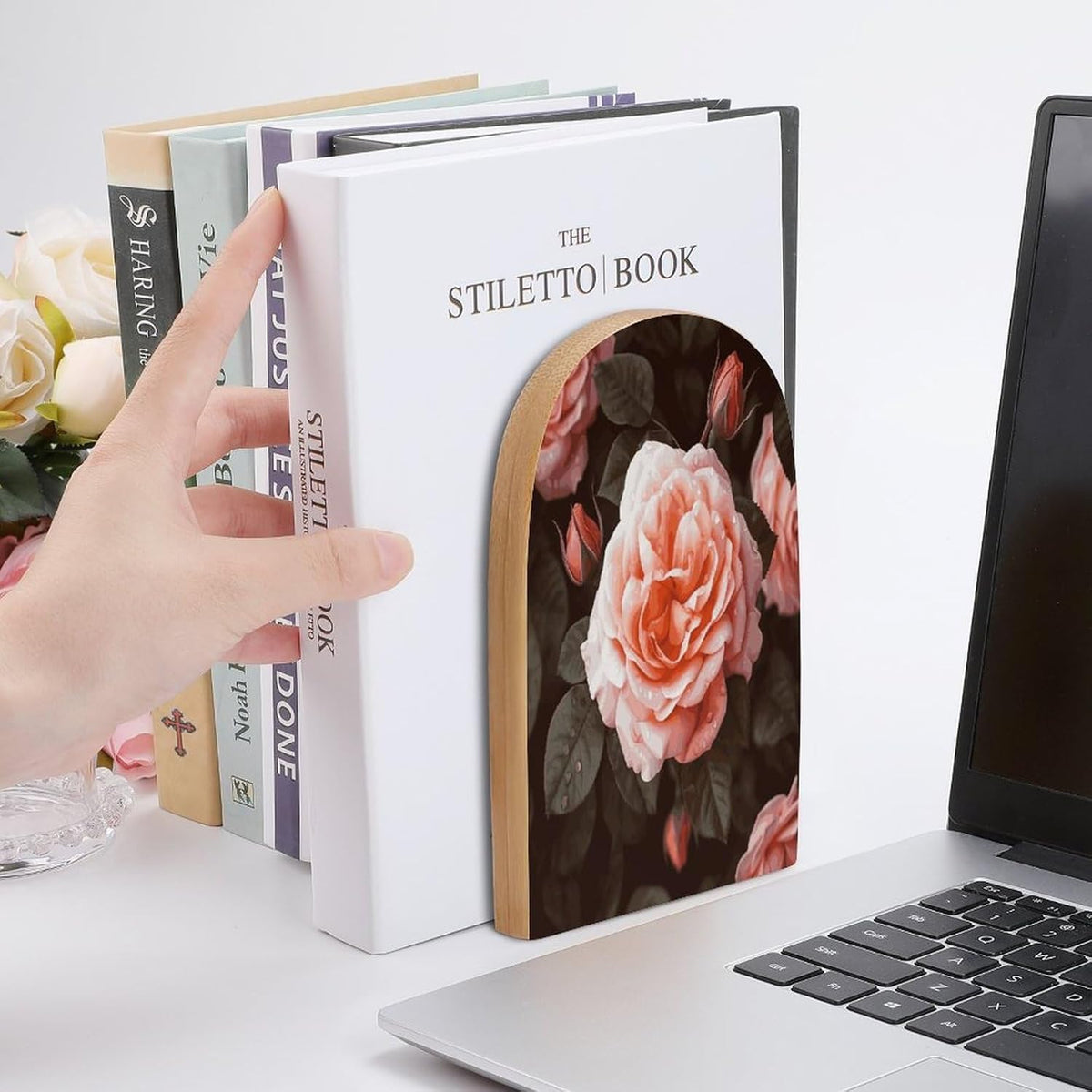Rose Flower Wooden Bookend Non-Slip Book Ends Heavy Duty Book Stopper with Metal Base Books Holderd Decorative Bookends Stands Firmly for Office Supplies