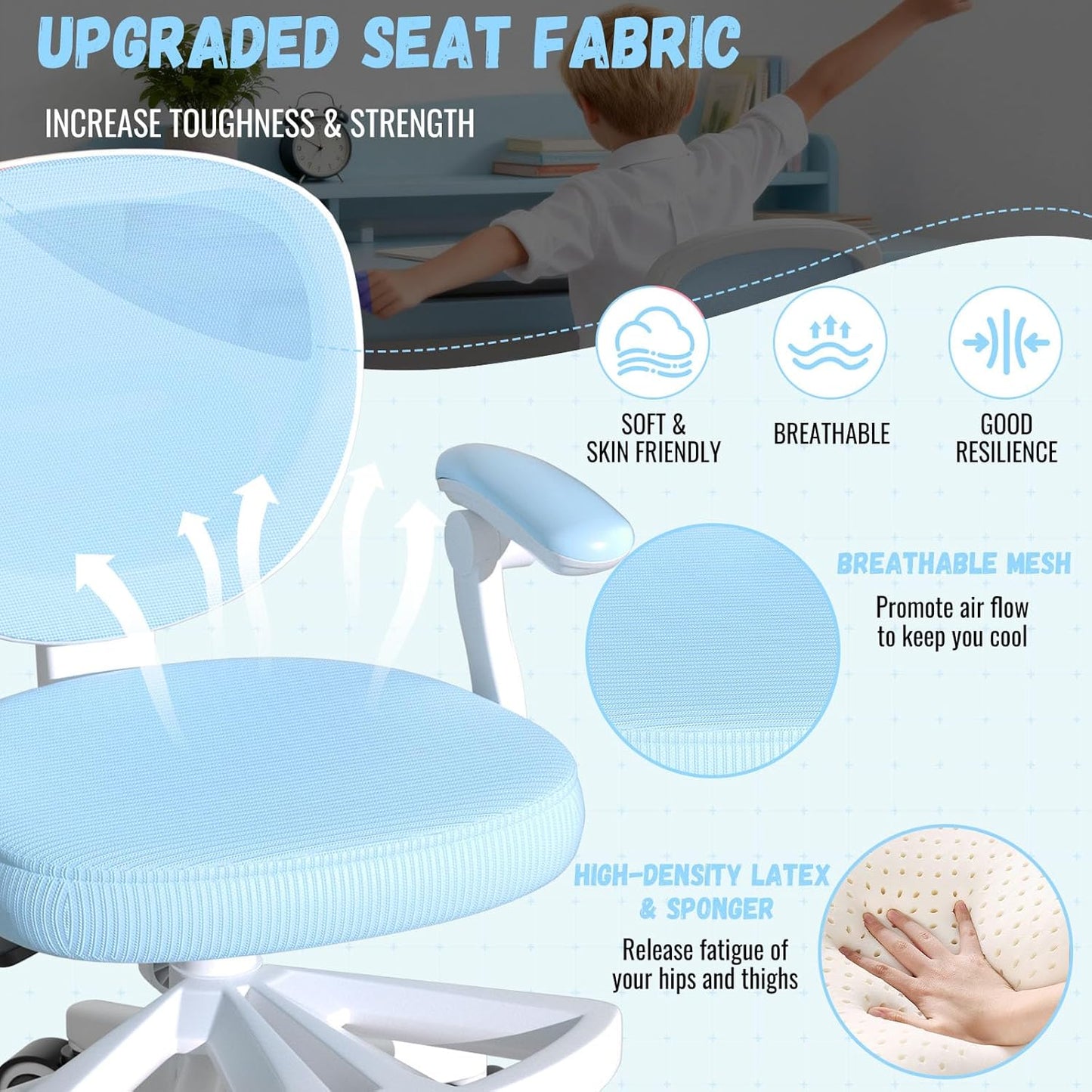 Adjustable Kids Desk Chair, Ergonomic Children Study Computer Chair with Footrest & Flip-up Armrest, Mesh Student Teen Task Chair with Wheels, Kids Office Chair for Boys Girls Age 4-12 Home (Blue)