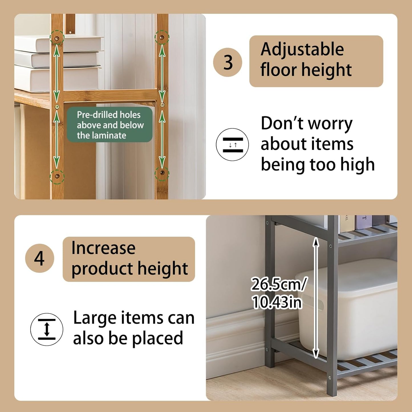 Bamboo Shelf, 4-Tier Bookcase Storage Shelves, Small Book Rack Shelving Unit, Multipurpose Storage Display Shelf for Bathroom Kitchen Living Room Office (3-Tier Grey-20.08in)