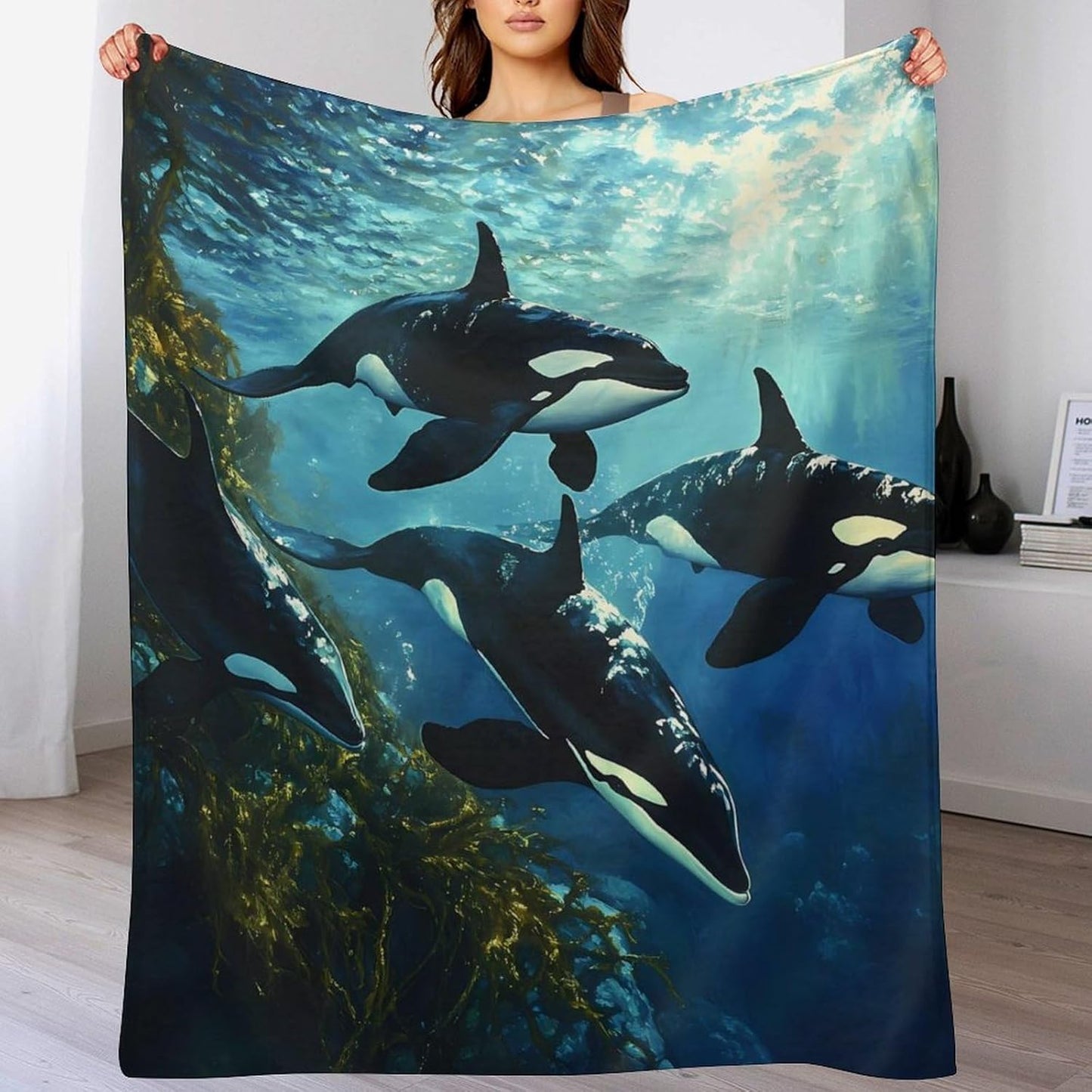 Killer Whales Swim Throw Blanket for Couch Bed Plush Cozy Fuzzy Flannel Blanket for All Season 70"x80"