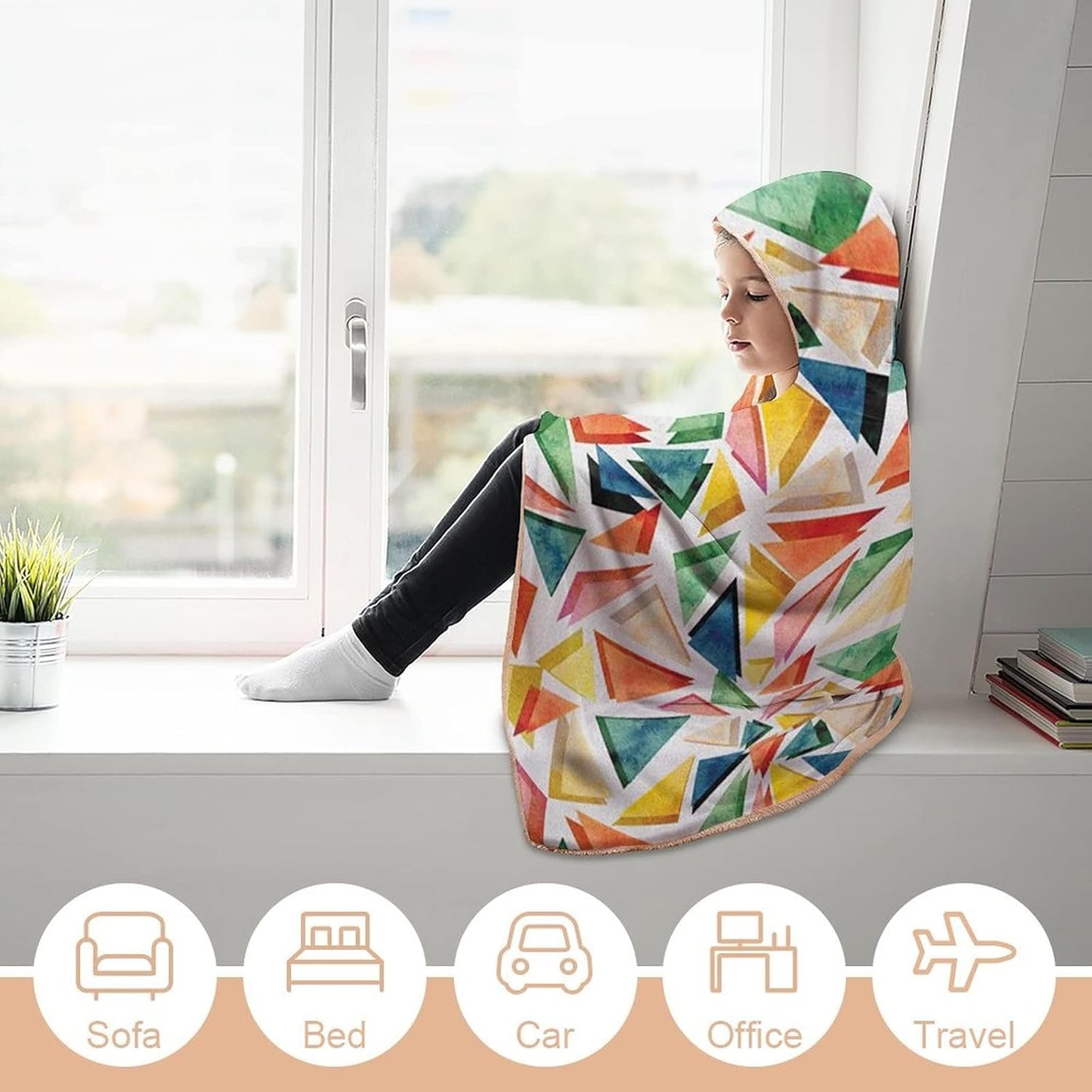Throw Blankets, Watercolor Wearable Hooded Blanket for Adults, Triangle Pattern Rainbow Color Palette Abstract, Soft Warm Cozy, 50 x 60inches, Studying Reading Snuggling Napping Office, Multicolor