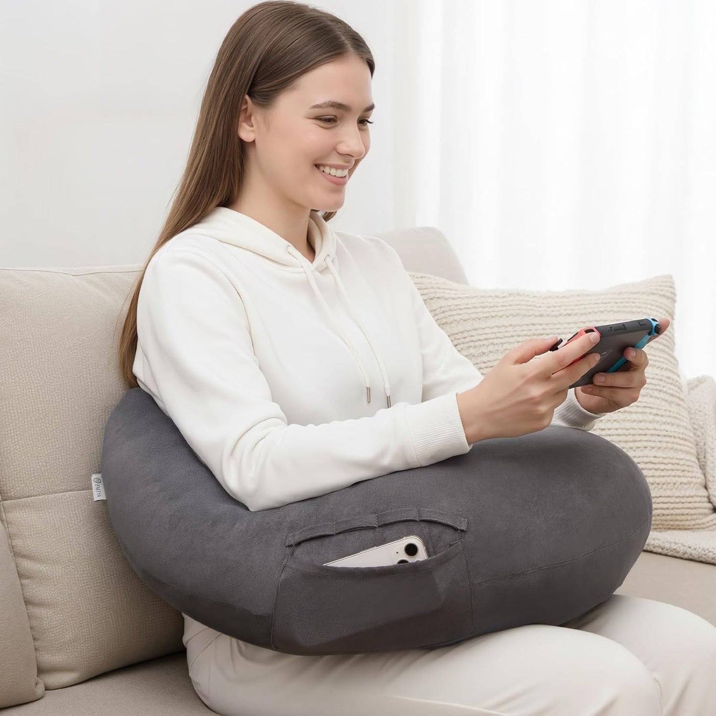 ENITYA Extra Large Ergonomic Gaming & Reading Pillow with Arm & Elbow Support – U-Shaped Lap Pillow for Adults & Kids Crocheting, Knitting, Nursing, or Working in Bed, Washable Suede Cover (Grey)