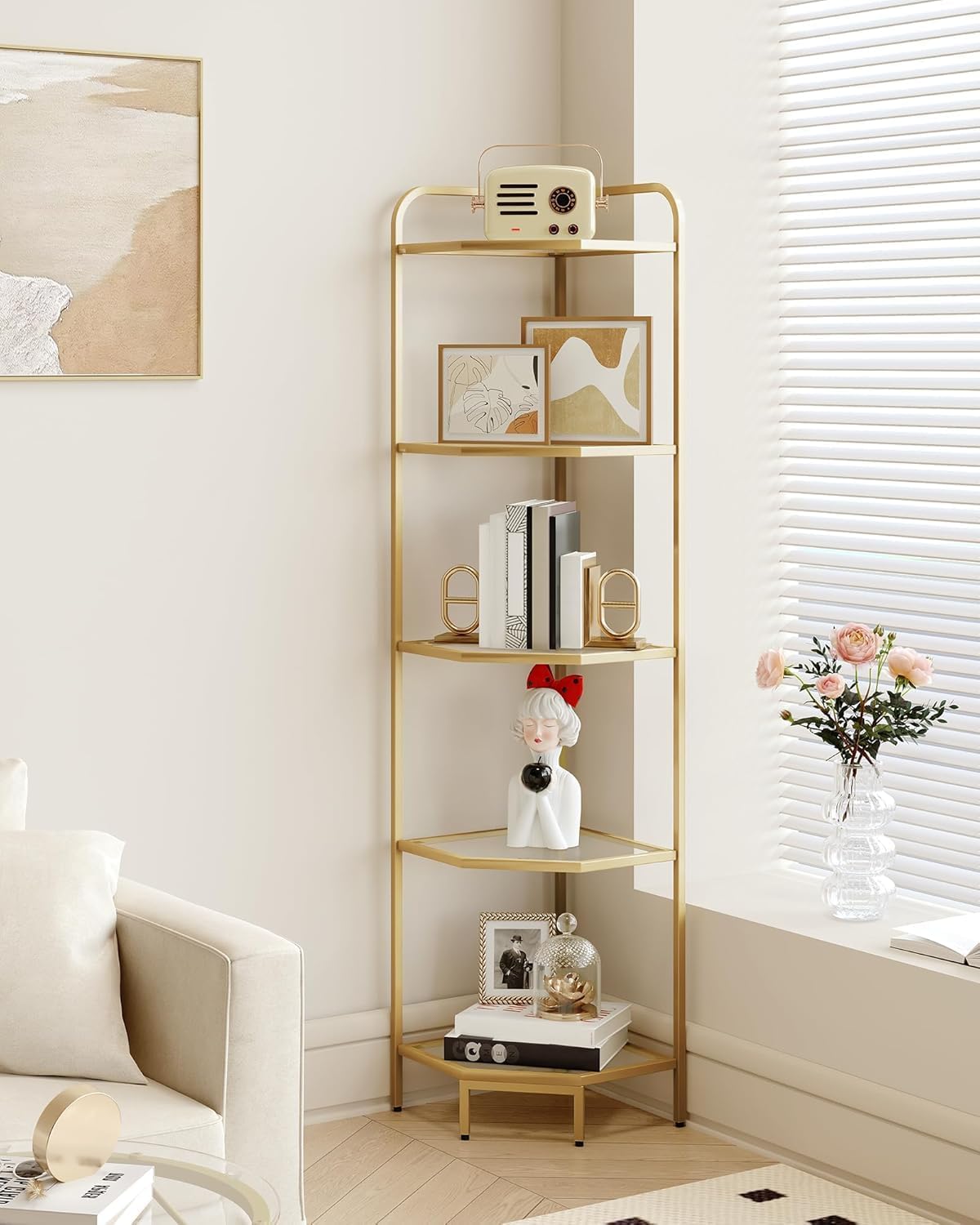 Corner Shelf Stand, 5-Tier Glass Bookshelf Bookcase, Bathroom Organizer, Plant Stand, Steel Frame, Tempered Glass, Modern Style for Living Room, Bathroom, Kitchen, Golden CS90200G