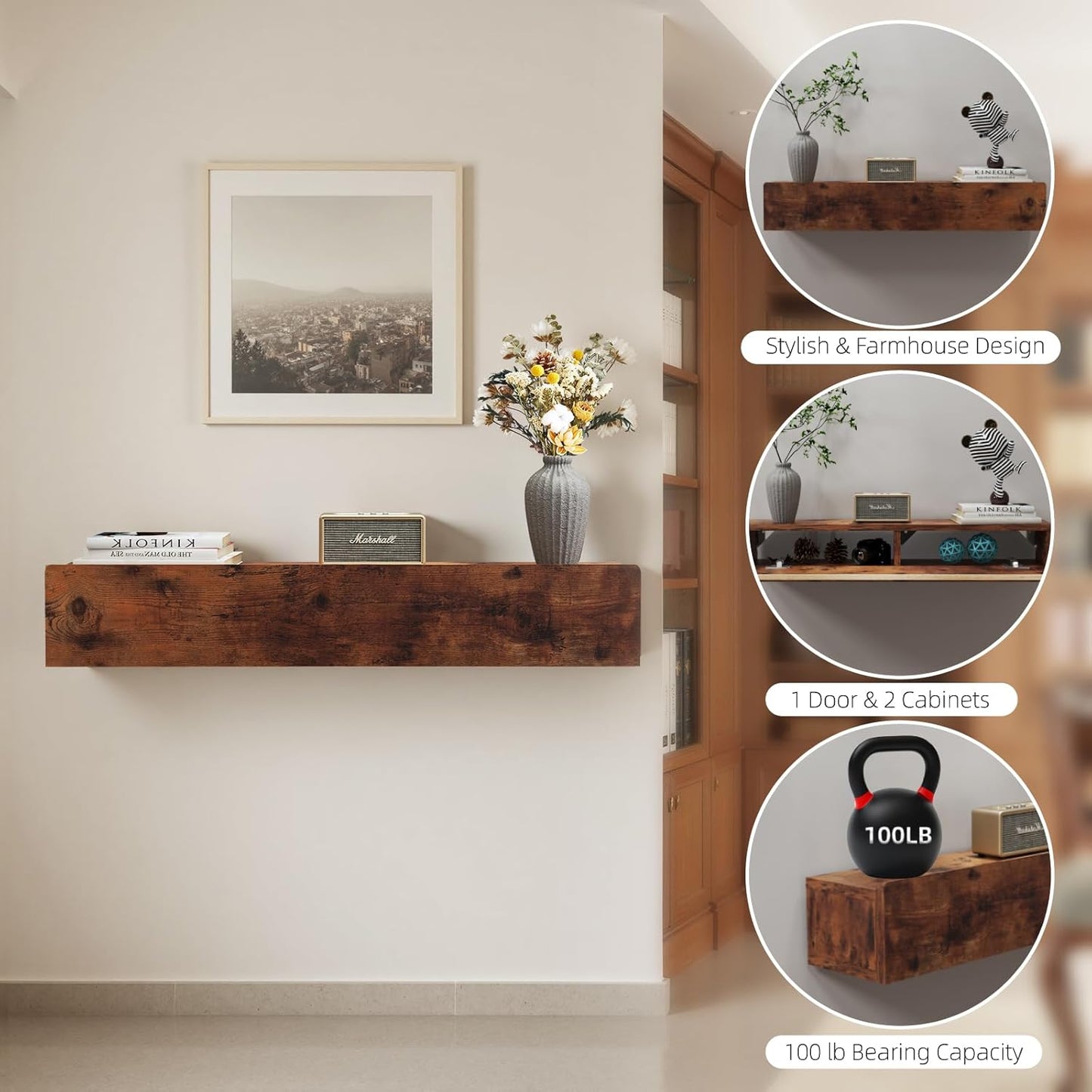 Floating Solid Wood Console Table, 32'' Wall Mounted Narrow Entryway Table with Storage Shelf, Modern Couch Shelves Small Entry Way Tables for Entryway, Front Hall, Hallway (Rustic Brown)