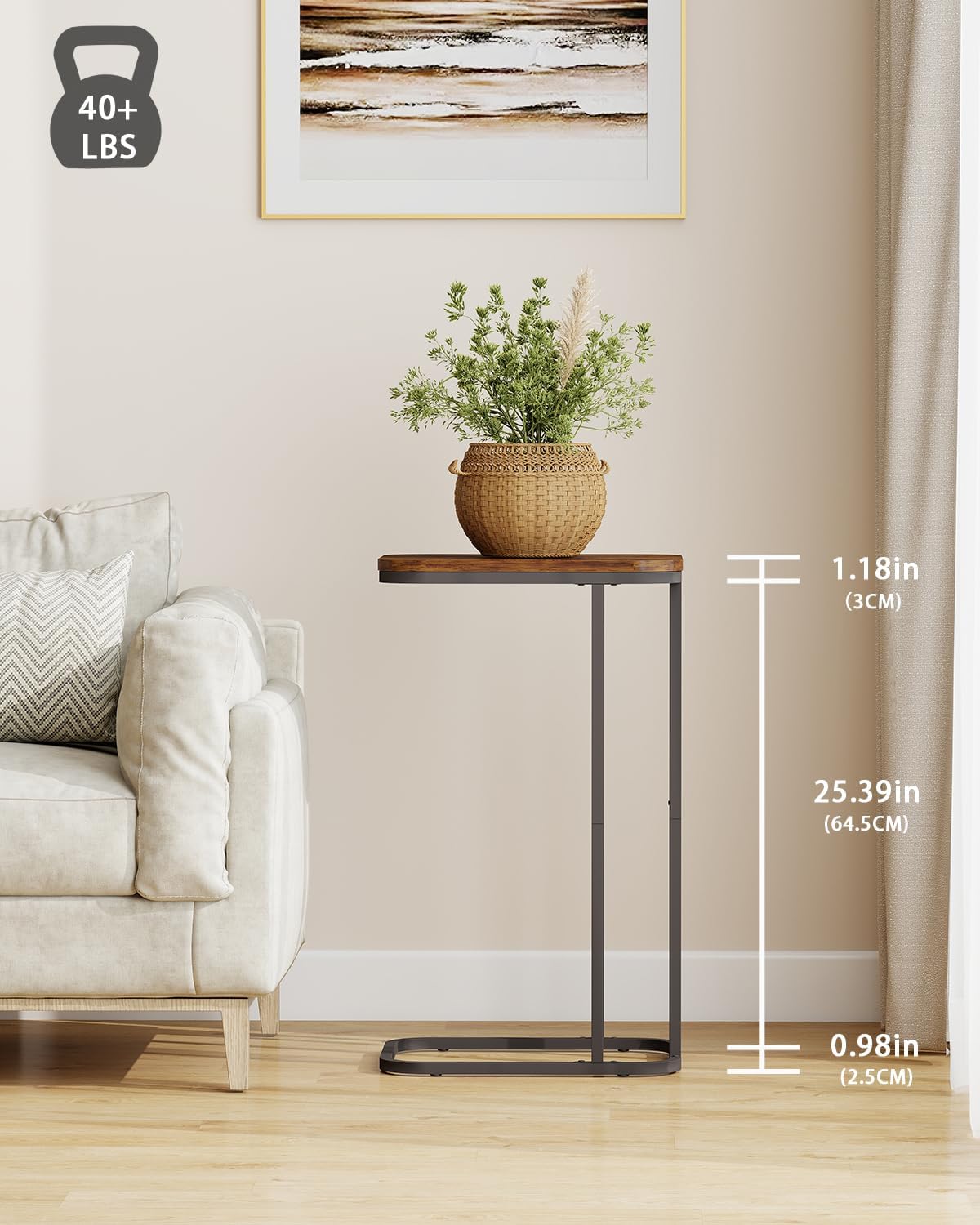 C Shaped End Table, 27 Inches High Small Side Table for Sofa and Bed, Couch Table Slides Under, Tall Tv Tray Table for Living Room, Bedroom, Metal Frame, Rustic Brown & Black
