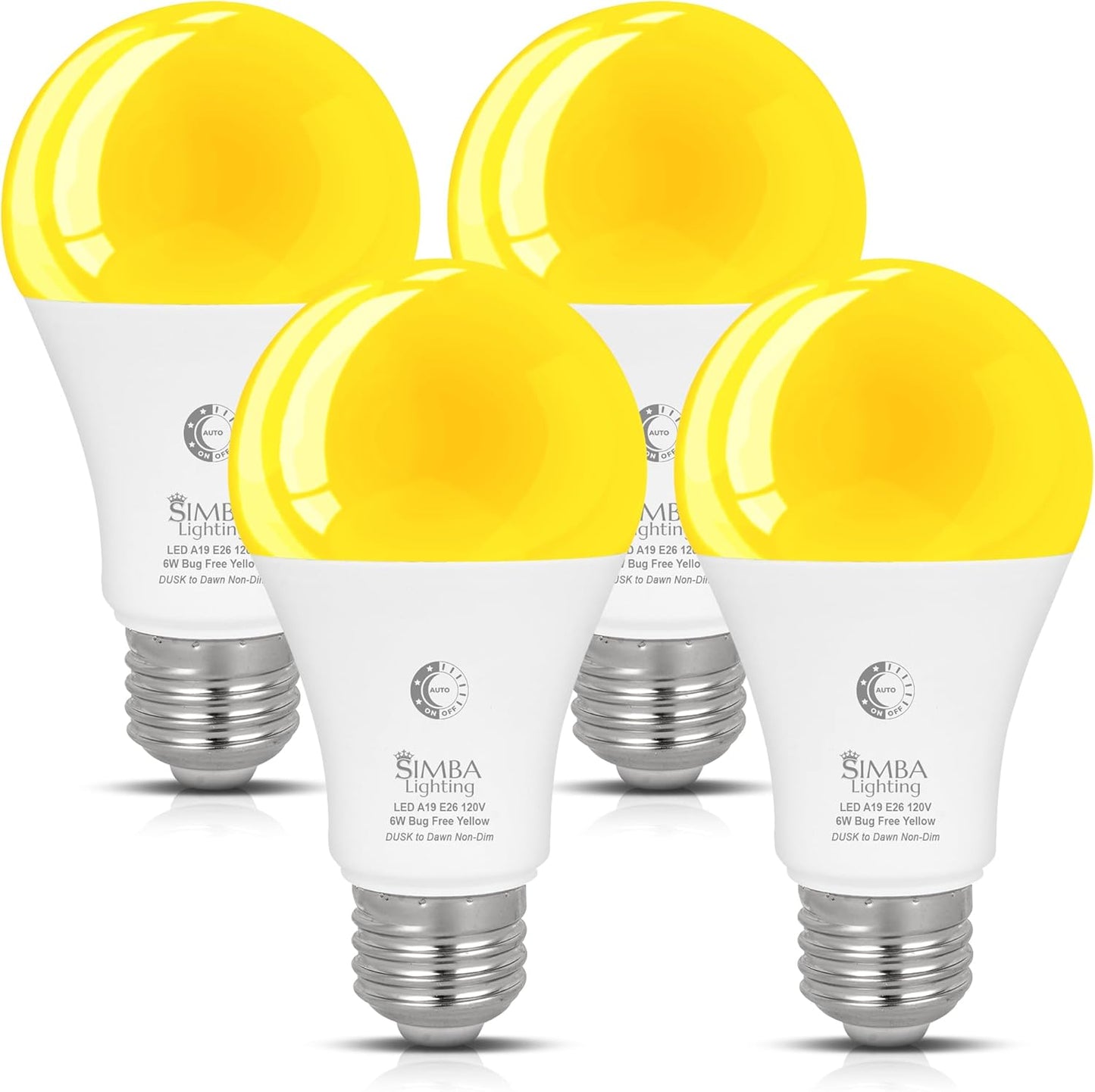 Simba Lighting Bug Non-Attracting Yellow LED Bulb 6W 40W Equivalent (4 Pack), Great for Outdoor Porch Light, Night Light, Dusk-to-Dawn Smart Sensor Auto On/Off, Amber Warm Light, A19 E26 Medium Base