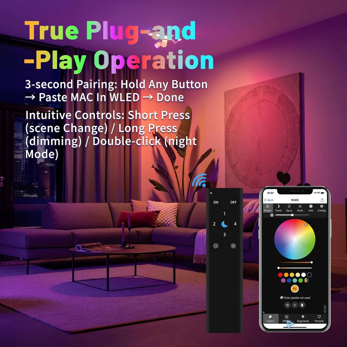 DOM-WLE-RC005 Pro WLED Remote Control with 4 Tactile Scene Buttons RGB IC LED ESP Now APP WiFi Wireless Brightness,50m WiFi Direct Control, Instant Pairing, No App Needed