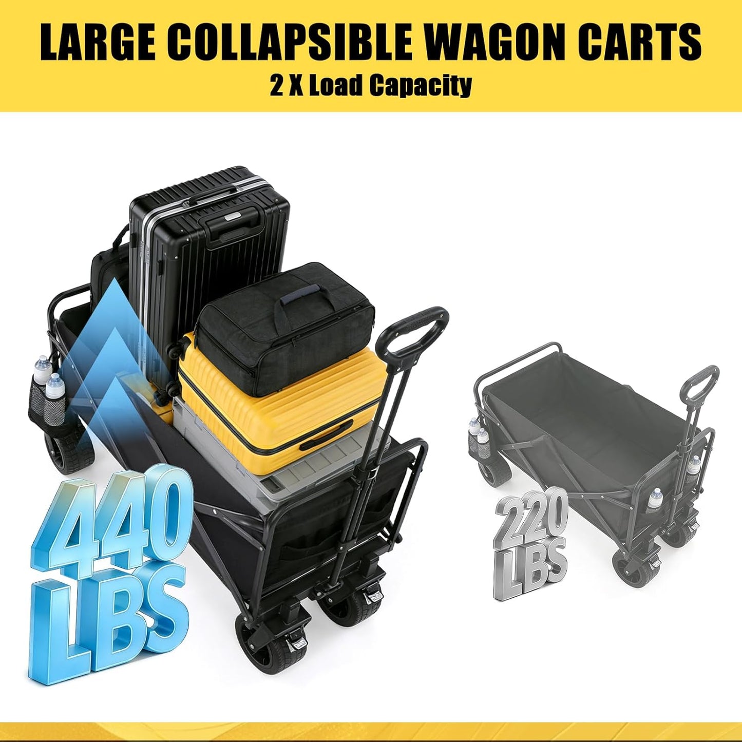 Beach Cart with Big All-Terrain Wheels for Sand & Air Sofa, 440 LBS Wagons Carts Foldable, Collapsible Folding Wagon with Cup Holders, Utility Carts for Camping, Beach, Garden and Shopping