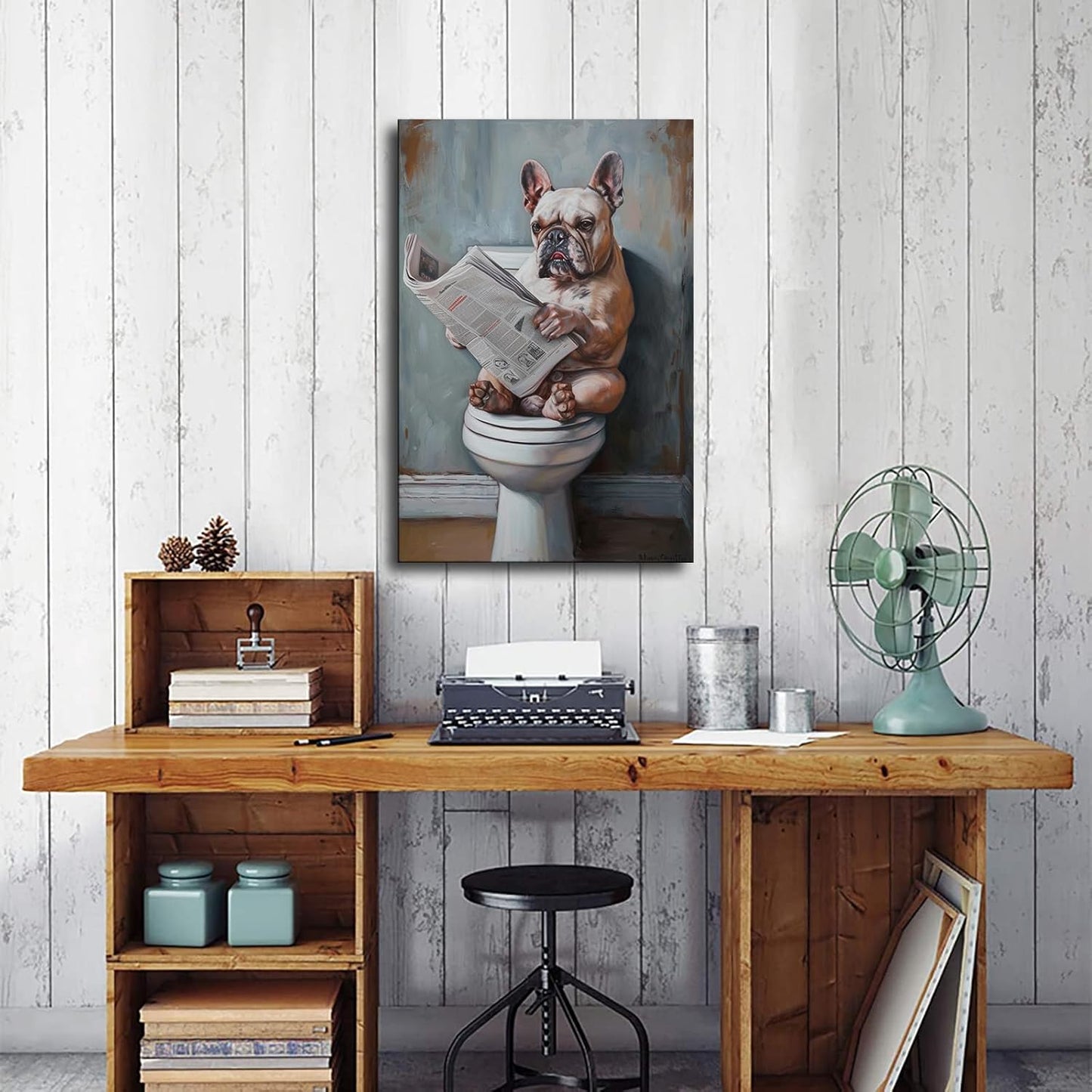 chenmjj Bulldog Sitting on Toilet Reading Newspaper Print Poster Picture HD Print Poster Retro Painted Modern Home Bedroom Room Aesthetic Decoration Canvas Art (08x12inch Unframed)