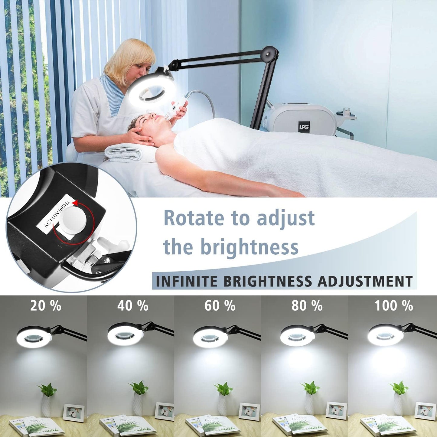 LANCOSC 10X Magnifying Glass with Light and Stand, Floor Lamp with 5-Wheel Rolling Base for Facials Lash Estheticians, 2,200 Lumens Dimmable LED Lighted Magnifier for Reading Sewing Crafts - Black