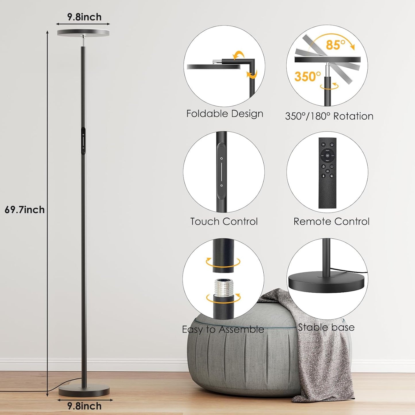 Upgraded Floor Lamps for Living Room, 32W 3000LM Super Bright LED Torchiere Floor Lamp with Remote & Touch Control, 69" Dimmable Tall Standing Lamp with 350°Rotating Head for Reading Office Bedroom