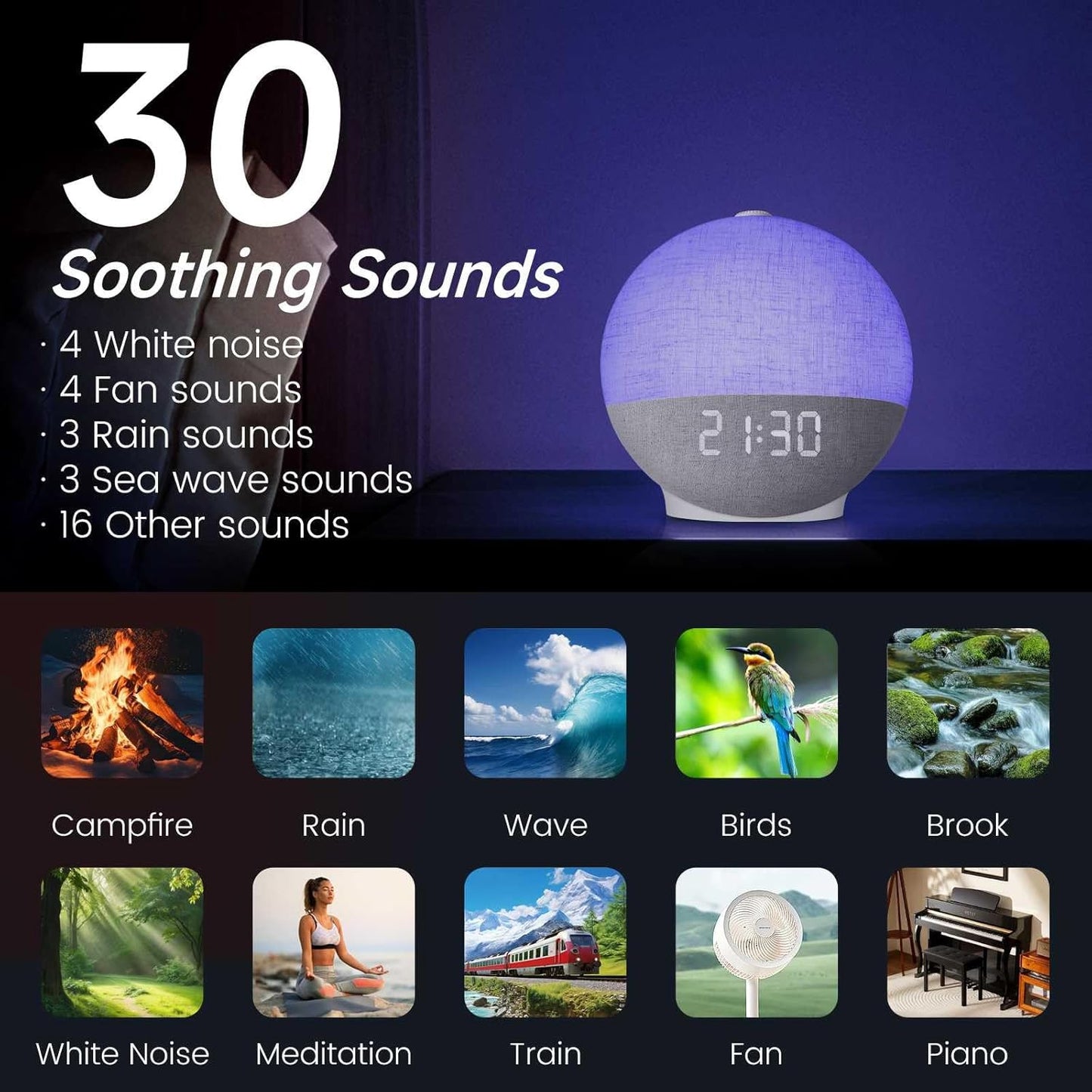 Sunrise Alarm Clock with Sound Machine, Natural Wake Up Light with Night Light, 30 Sleep Sounds, White Noise Machine Alarm Clocks for Bedrooms, Heavy Sleepers