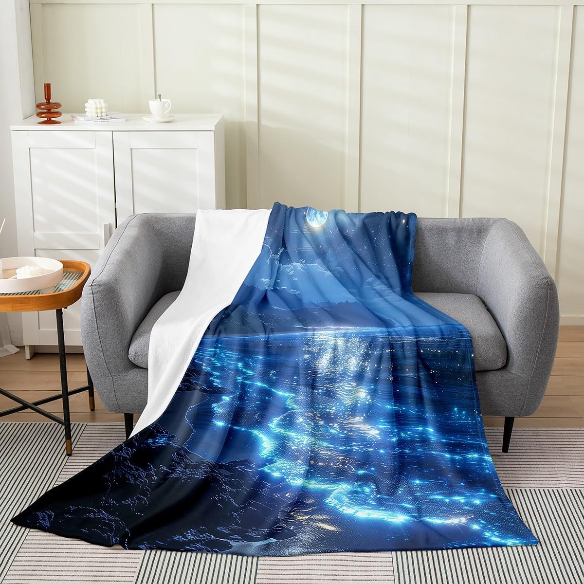 Feelyou Blue Ocean Fuzzy Blanket Beach Theme Flannel Fleece Throw Blanket for Kids Boys Girls Coastal Nautical All Season Bed Blanket Queen 90"x90" Starfish Seashell Conch Plush Blanket