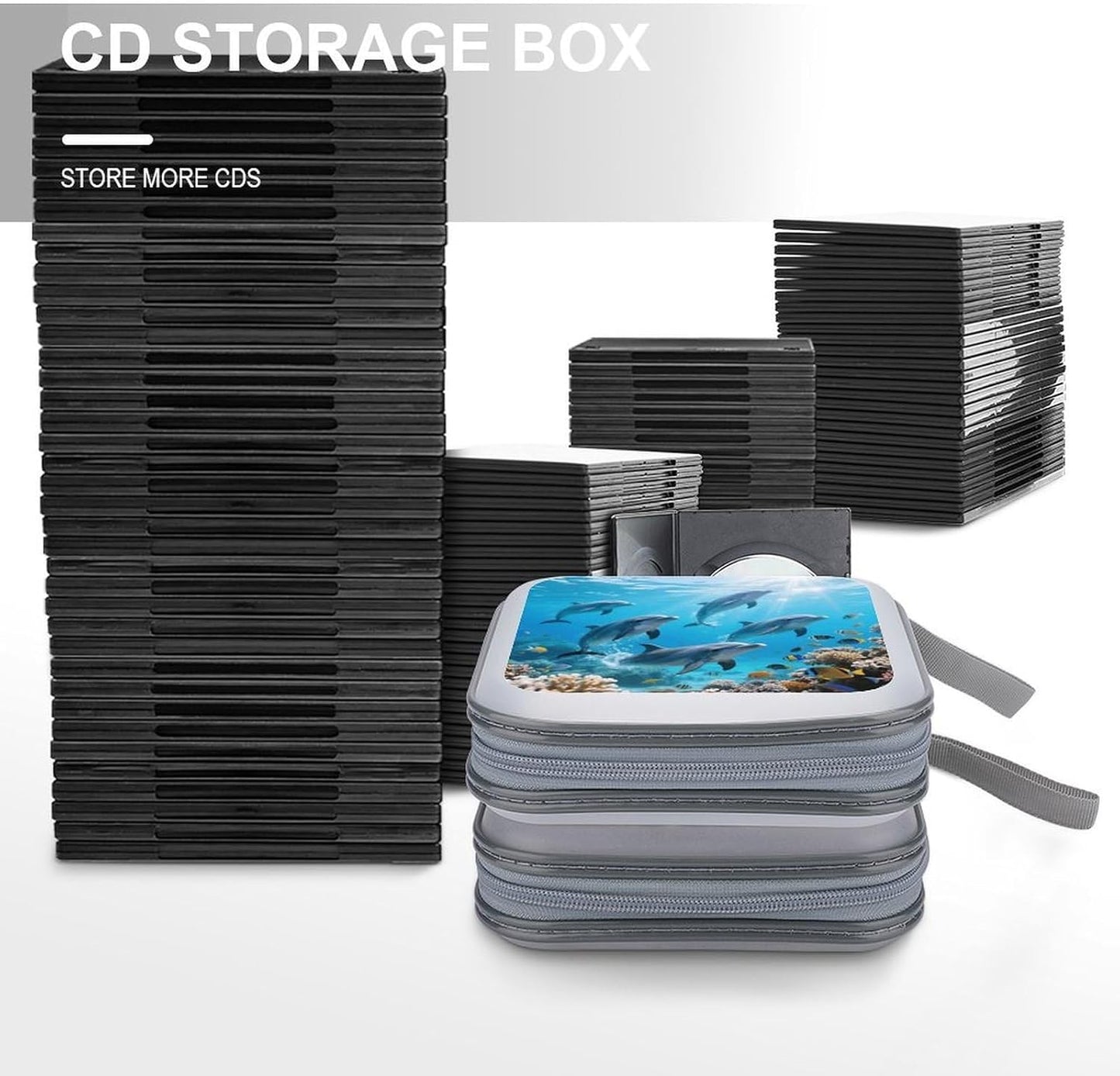 Cute Dolphins CD Case Portable Zipper CD Case 40 Capacity Hard Plastic DVD Cases Holder Large Storage Disc Wallet Bag for Car Home Travel DVD Collection Bag