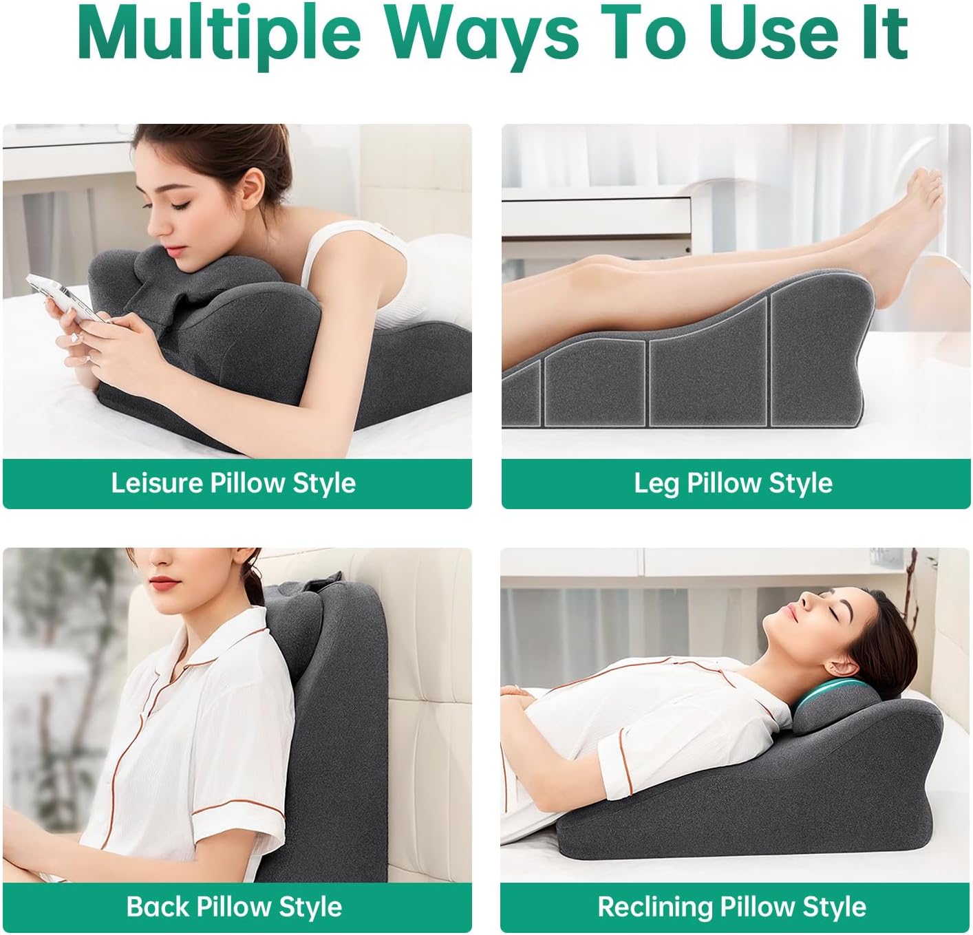 Memory Foam Ergonomic Support Pillow & Leg Elevation Cushion - Memory Foam Back Support for Bed Sitting, Reading & Daily Relaxing, Removable Washable Cover, Gray