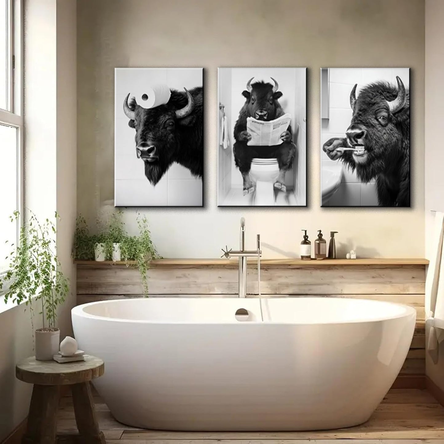 Funny Bison Bathroom Wall Art - 3 Piece Black and White Buffalo on Toilet Canvas Prints, Humorous Animal Pictures for Restroom Decor, 12x16 Inch Framed, Unique White Elephant Gift