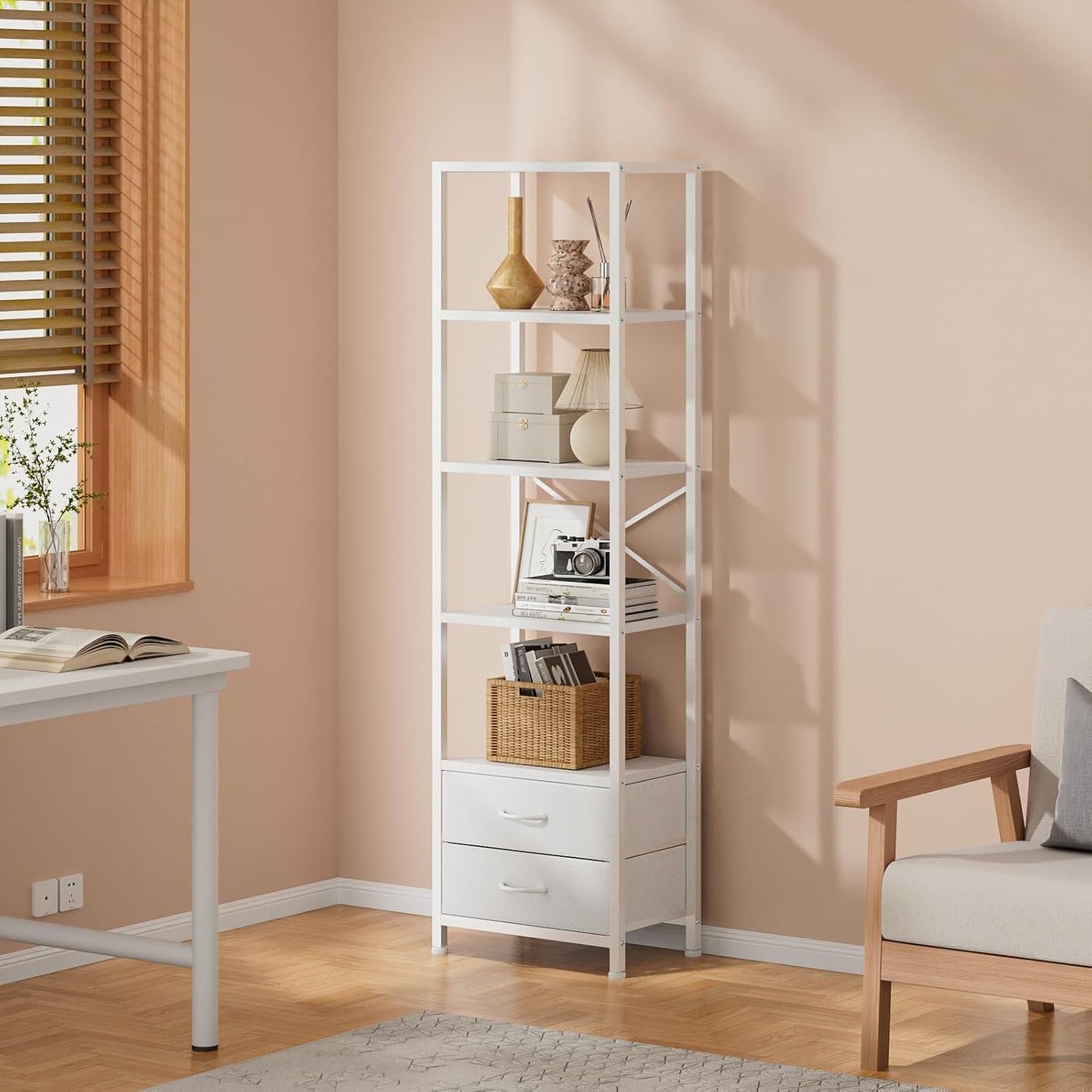 Furnulem 5-Tier Corner Shelf, Narrow Bookshelf with 2 Storage Drawers, Tall Bookcase, Wood Display Standing Shelf Organizer Unit for Living Room, Bedroom, Metal Frame(White)