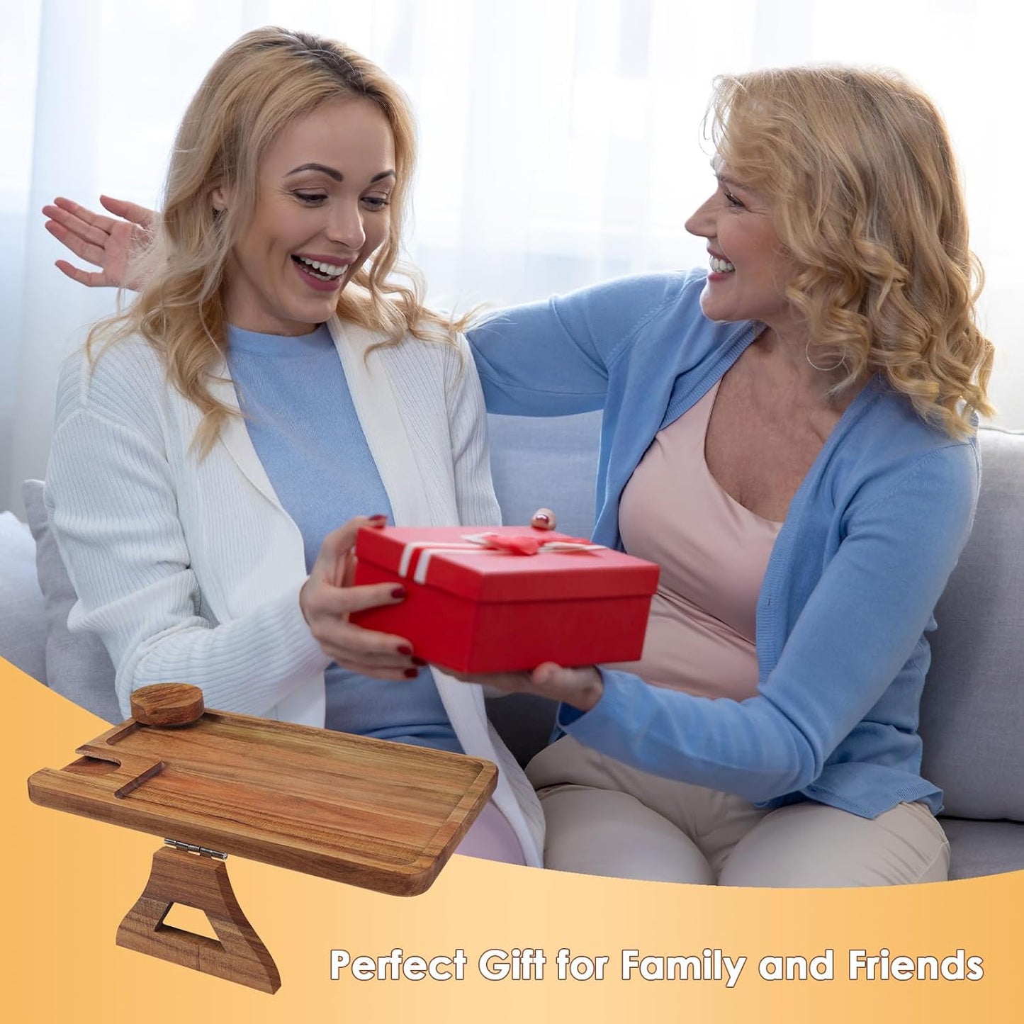 Comfoyar Couch Arm Tray, Acacia Wood Sofa Clip-On Couch Desk Tray with Wine Glass Holder, Foldable Armchair Table with Phone Holder, Food Desk for Drinks Snacks Eating Remote Control