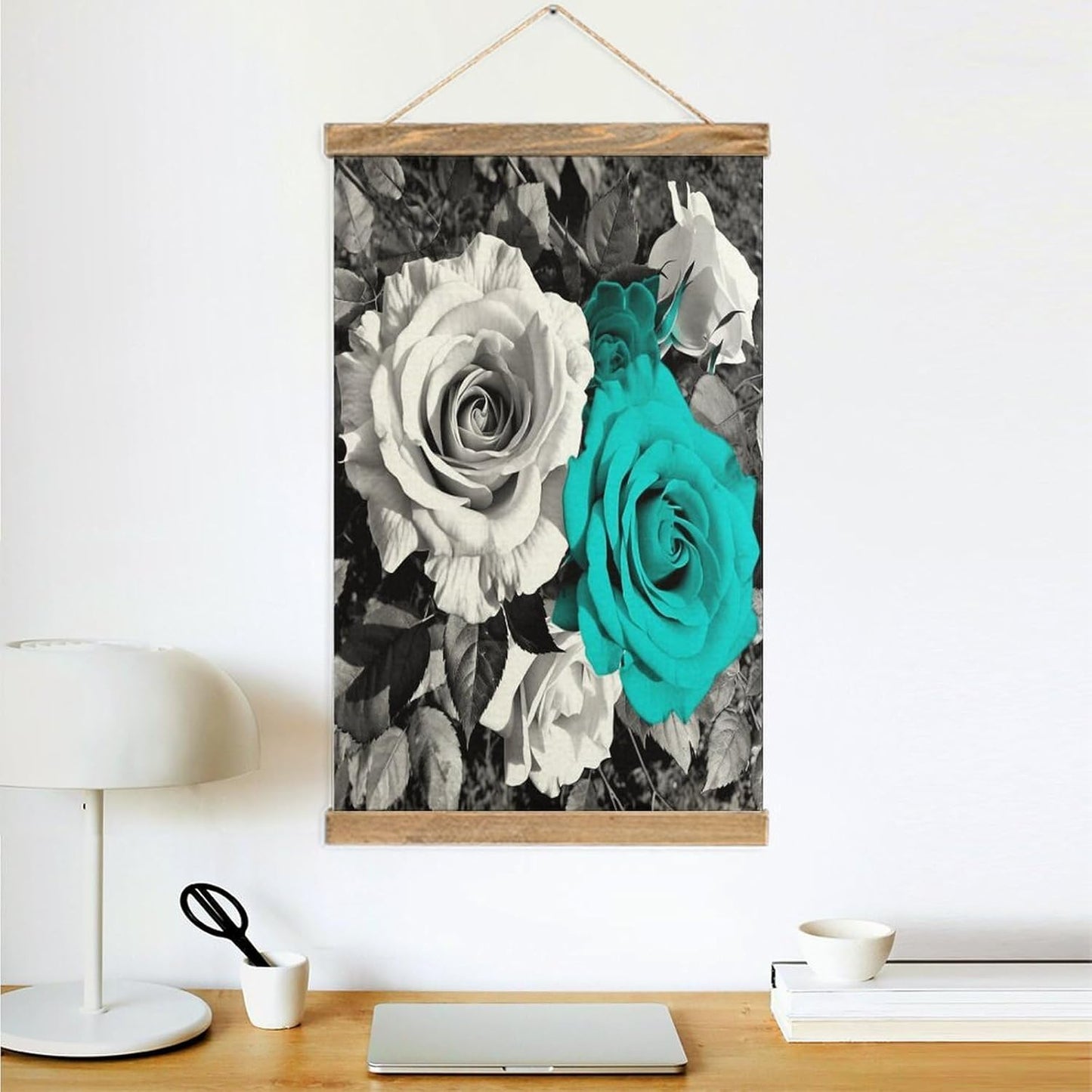 Vintage Black White Teal Gray Rose Flowers Poster with Wooden Frame Personalized Linen Hanging Scroll Painting Rustic Wall Hanging Illustrative Modern Artwork Decor for Home Living Room Bedroom Office