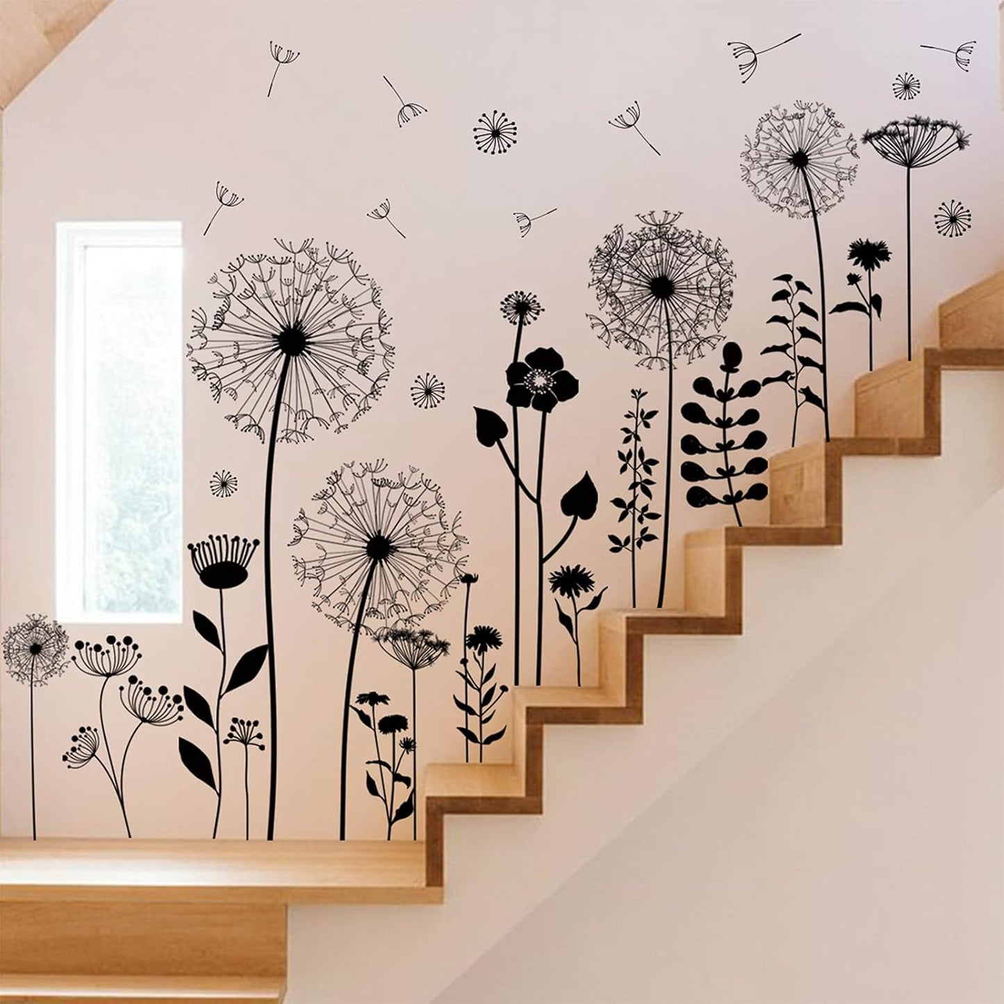 Large Dandelion Wall Stickers, Attractive Flying Flowers Wall Decals, Removable Plants Wall Décor, DIY Art Mural Vinyl for Bedroom Living Room Sofa Backdrop Classroom Decoration (Black)