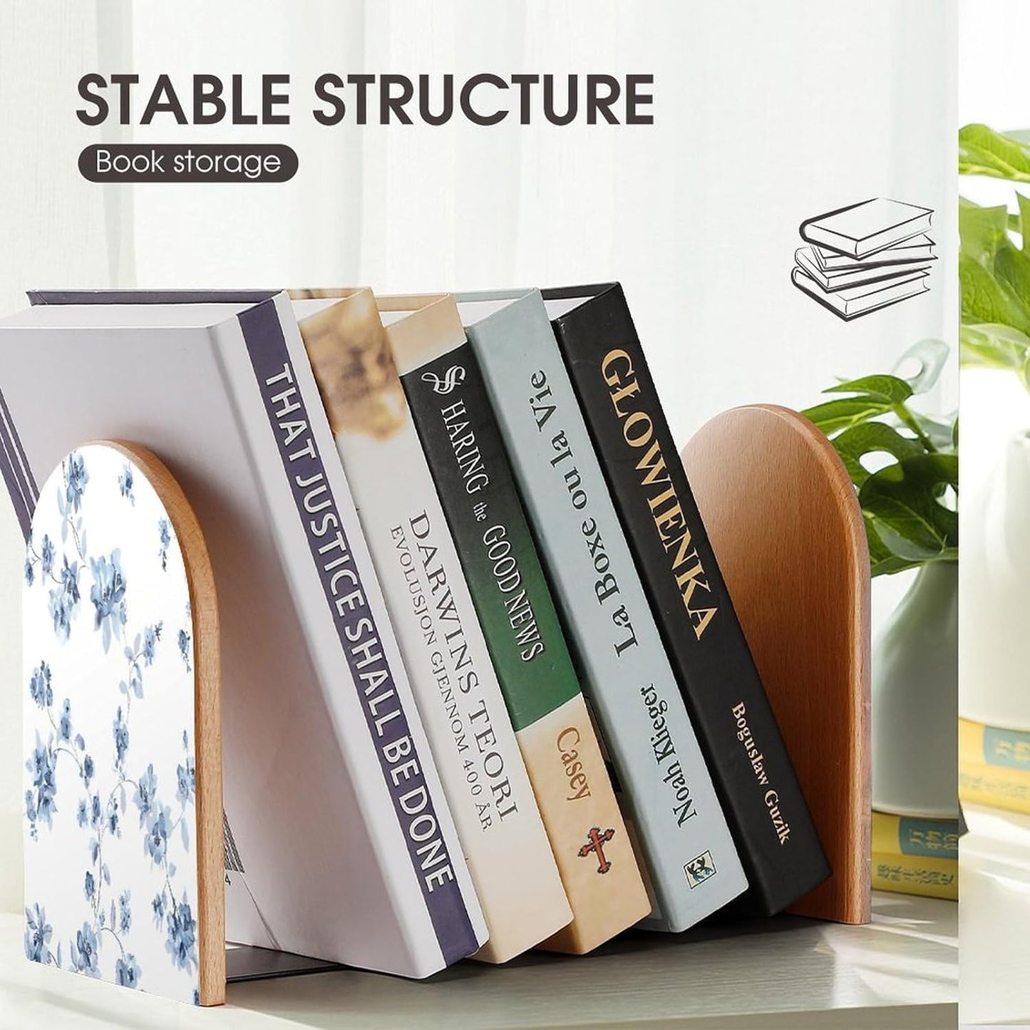 Blue Flower Floral Pattern Roses Wooden Bookend Non-Slip Book Ends Heavy Duty Book Stopper with Metal Base Books Holderd Decorative Bookends Stands Firmly for Office Supplies