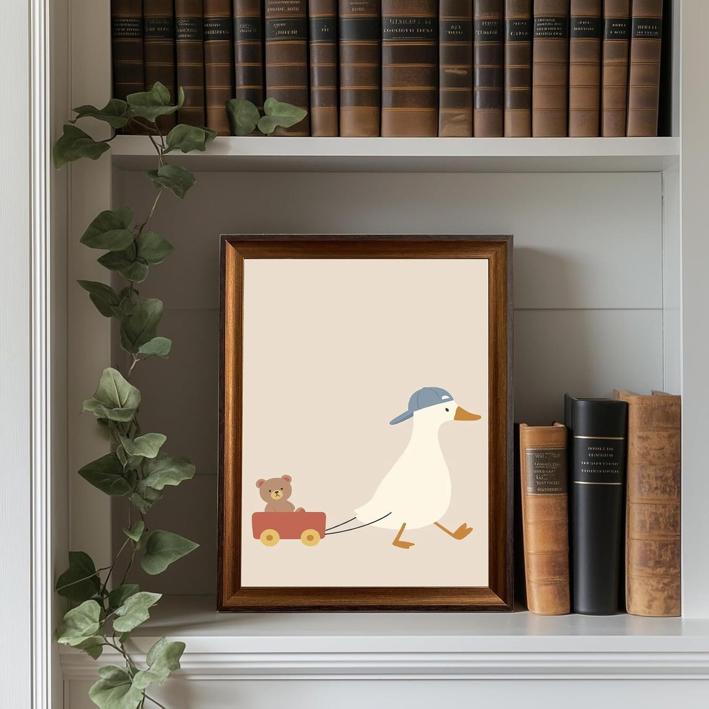 Framed Cute Goose Wall Art Funny Goose Pulling Toy Duck Canvas Print Minimal Nursery Animal Wall Decor for Kids Room Playroom Ready to Hang 8inx10in