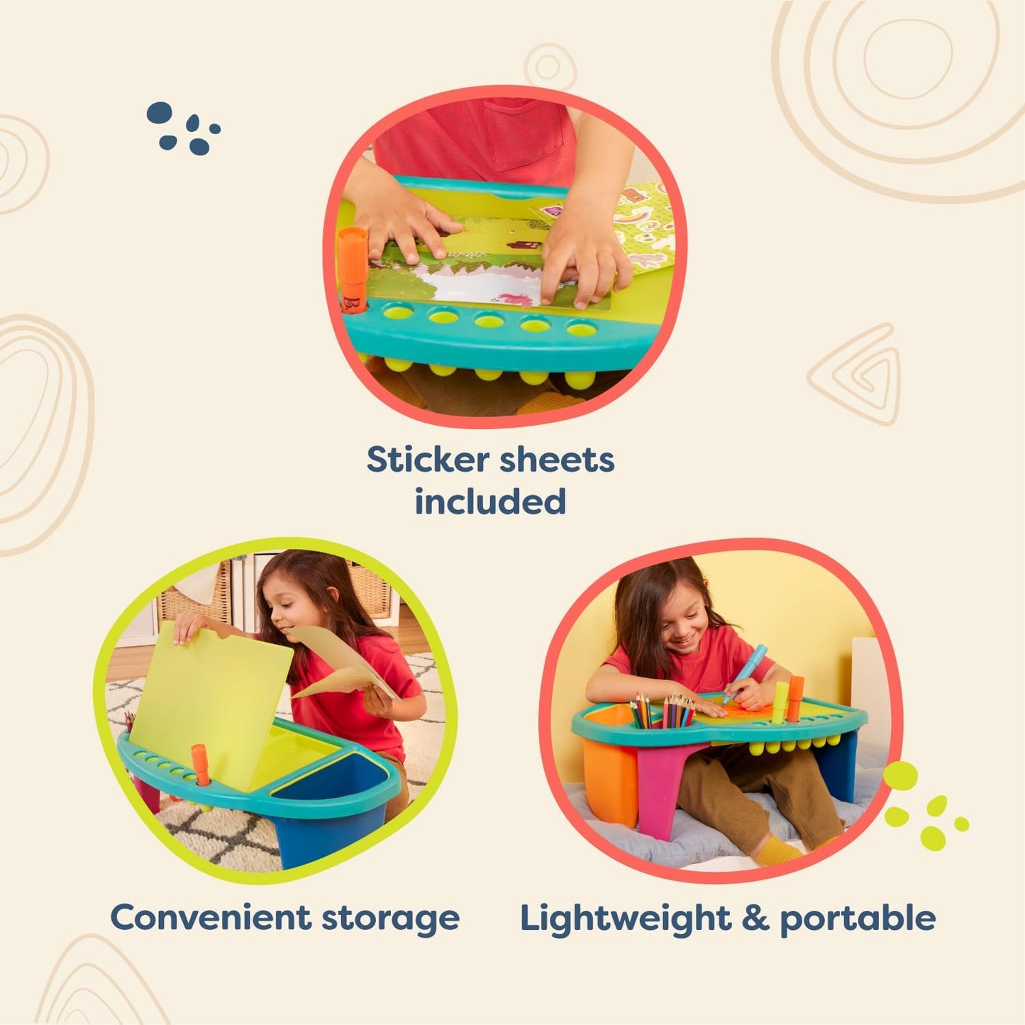 B. toys – Imagination Station – Creative Kids Lap Desk – Lap Desk for Art, Coloring, Writing – Portable Table with Storage Space – Reusable Sticker Set – 3+ Years