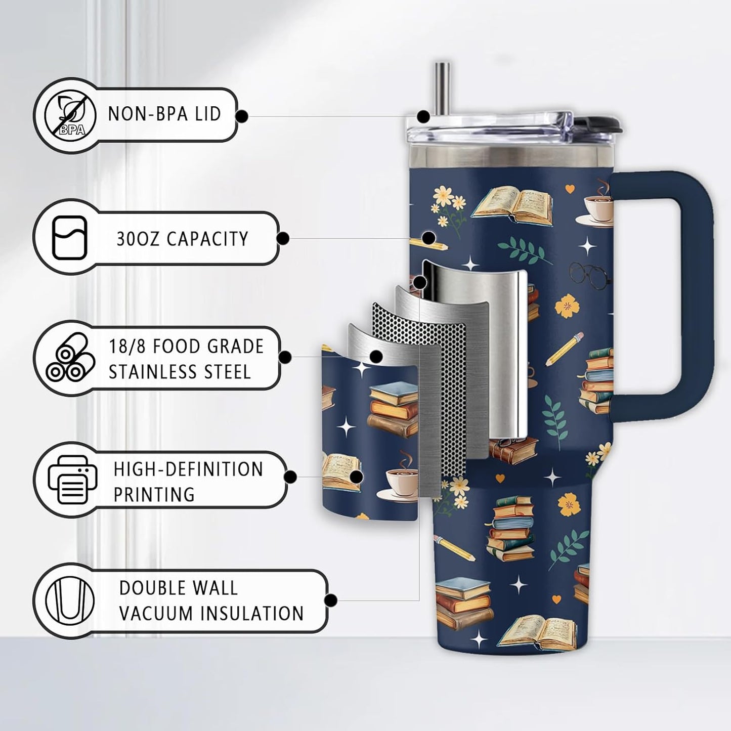 Book Themed Stainless Steel Tumbler Gifts for Booklover, 30oz Water Bottle with Handle and Straw, Christmas Birthday Gifts for Family, Wife, Friends