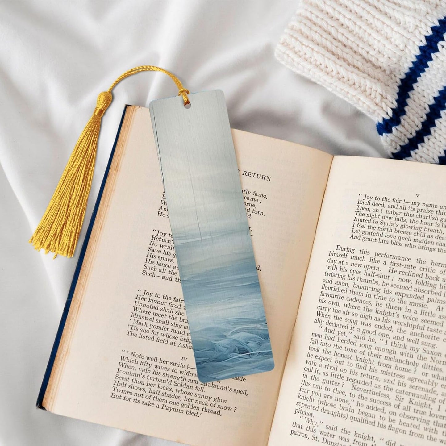 Hazy Blue Bookmarks Gifts for Women Men, Wooden Bookmarks for Book Lovers, Vintage Book Marks Ornaments with Tassel, Unique Personalized Reading Page Markers Gold
