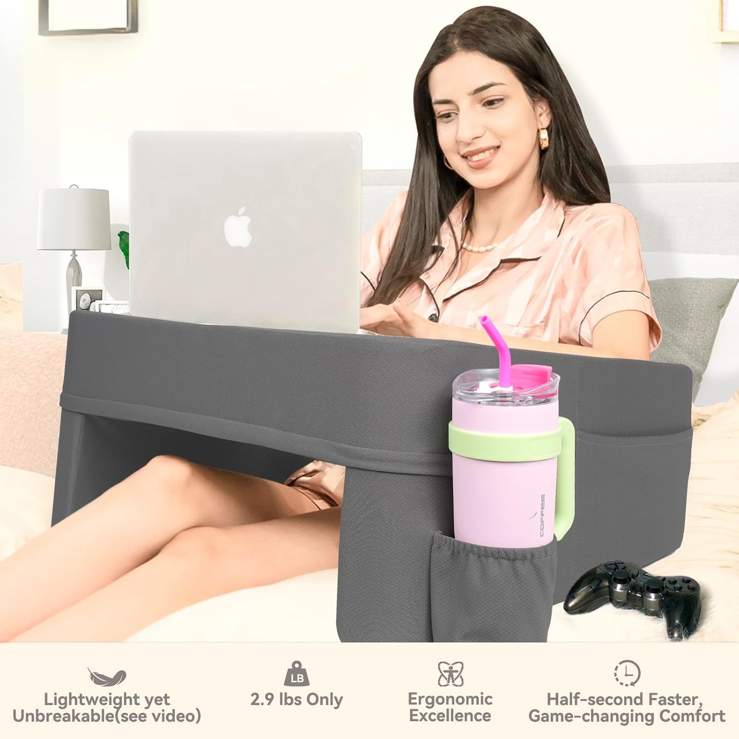 Soft Lap Desk Pillow for Laptop & Gaming,Arm Rest Laptop Lap Desk for Bed Couch with Cup Holder & Pocket,Ultimate Reading Pillow for Lap(Dark Gray, Large)