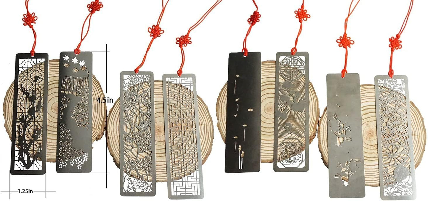 Metal Bookmarks 8 Pcs Hollow Art Stainless Steel Book Mark with Red Enless Knot, Bookmarks Gift for Men Women Book Lovers, Unique Book Marks Accessories