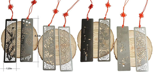 Metal Bookmarks 8 Pcs Hollow Art Stainless Steel Book Mark with Red Enless Knot, Bookmarks Gift for Men Women Book Lovers, Unique Book Marks Accessories