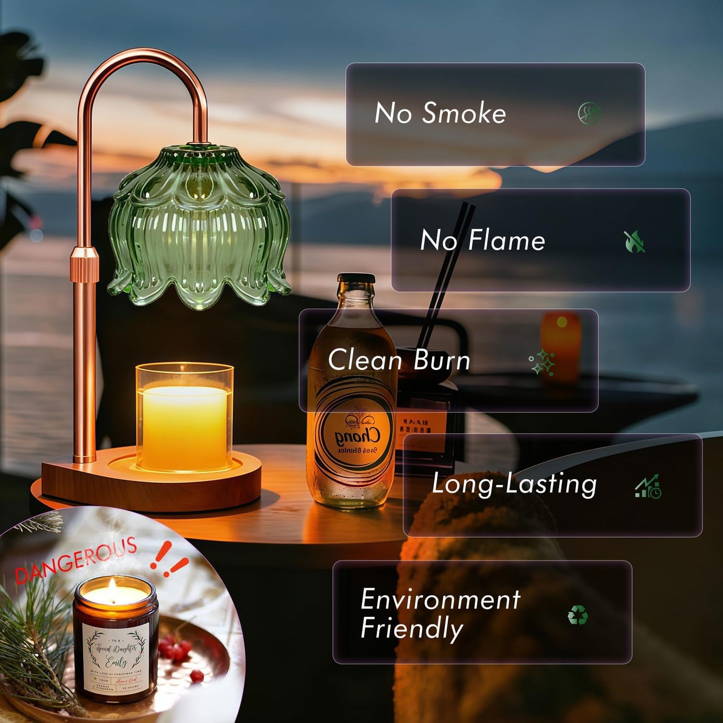 Candle Warmer Lamp - Dimmable Candle Lamp with Timer, Flower Wax Warmer Lamp for Jar Candles, Adjustable Height Wax Melter for Valentine's Day Gift Home Decor, Farmhouse (Green)
