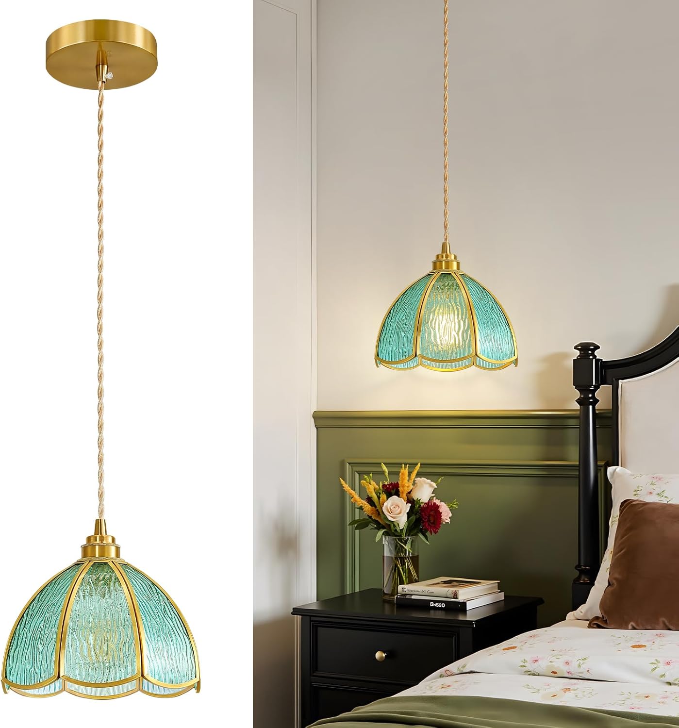 Adjustable Pendant Light for Kitchen Island with Blue Green Glass Shade - Vintage Farmhouse Hanging Light Fixture, Chandelier for Dining Room Hallway Entryway (1 Pack