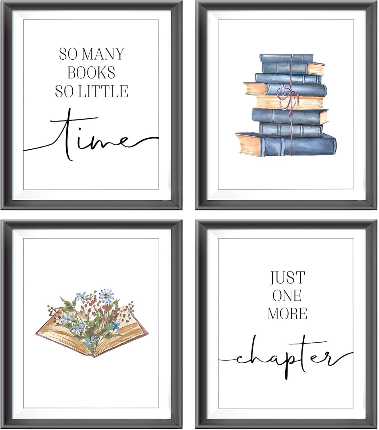 AEHIE So Many Books So Little Time Wall Art Print, Just One More Chapter Poster Prints for Reading Corner Decor, Funny Quote Wall Decor, Book Floral Wall Art, 4pcs 8x10inch